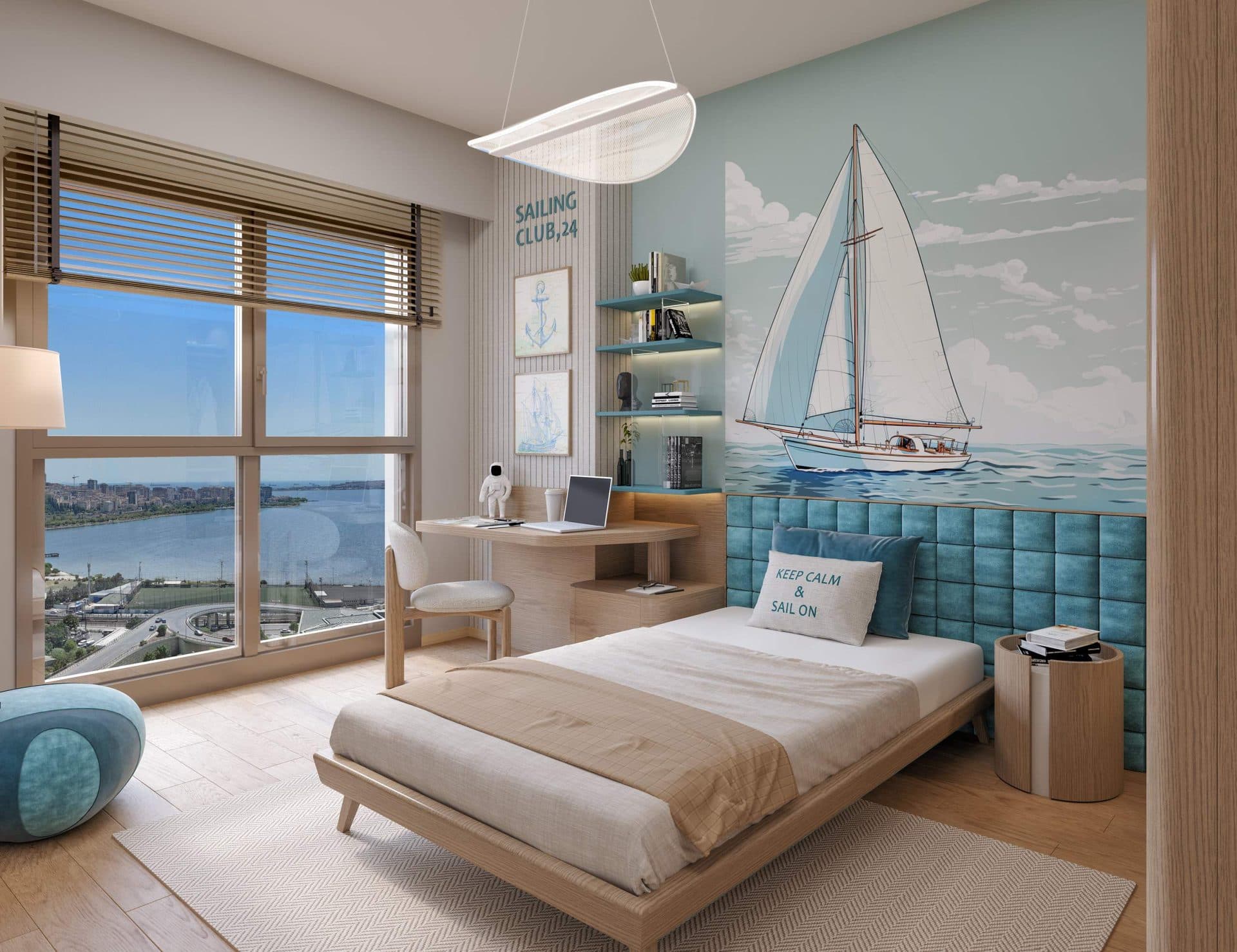 Child's bedroom with a desk and a large window