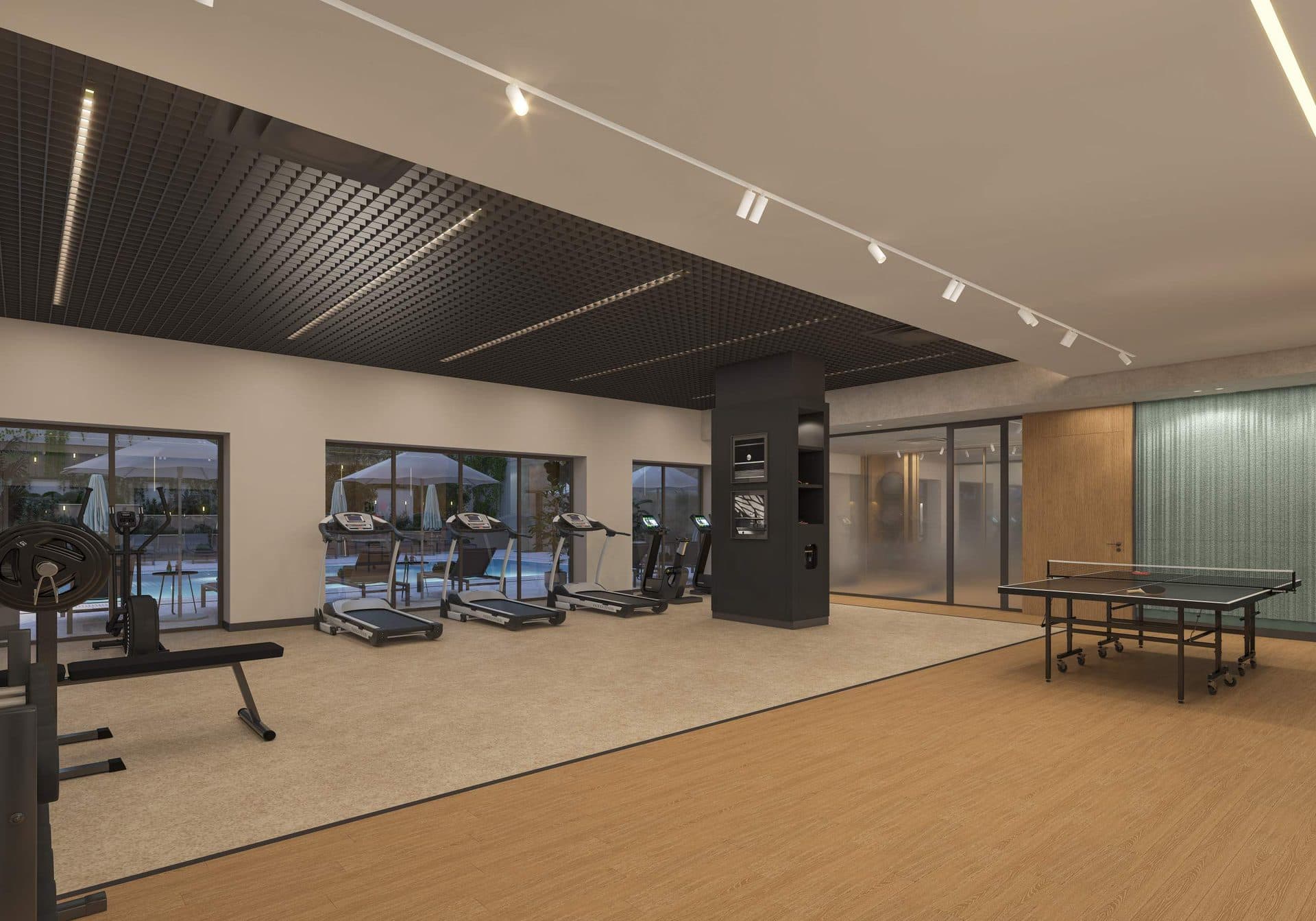 Fitness center with treadmills and a table tennis table