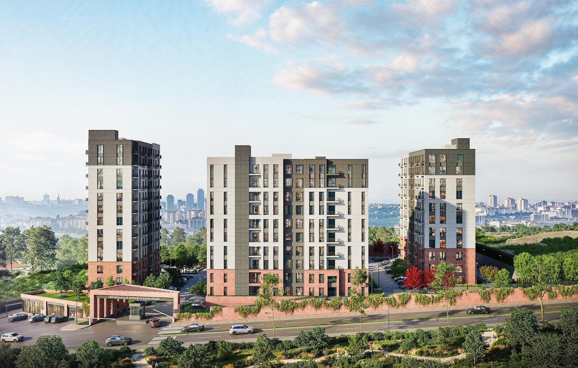 Rendering of three residential blocks behind a planted retaining wall, with the gated site entrance and a row of shops on the left