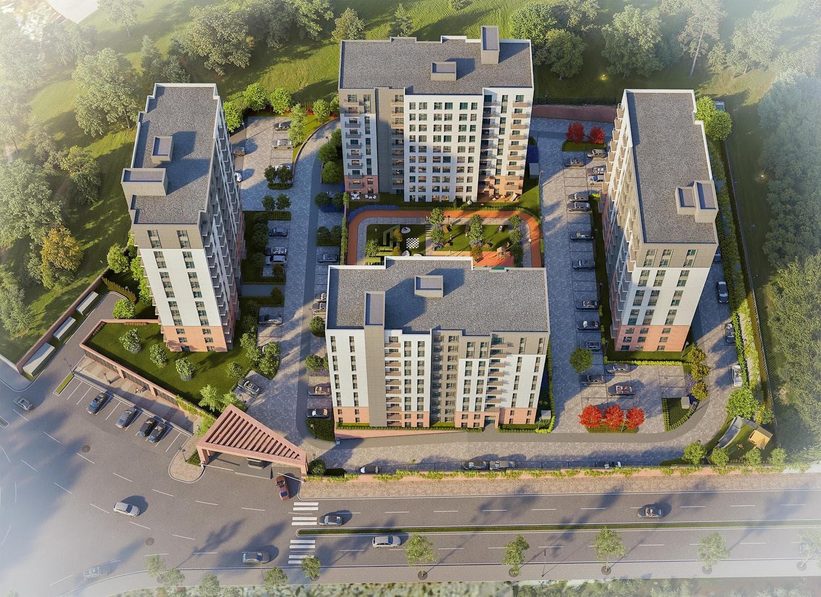 Rendering of the four blocks seen from above around a central garden, with parking lanes and the entrance canopy by the road