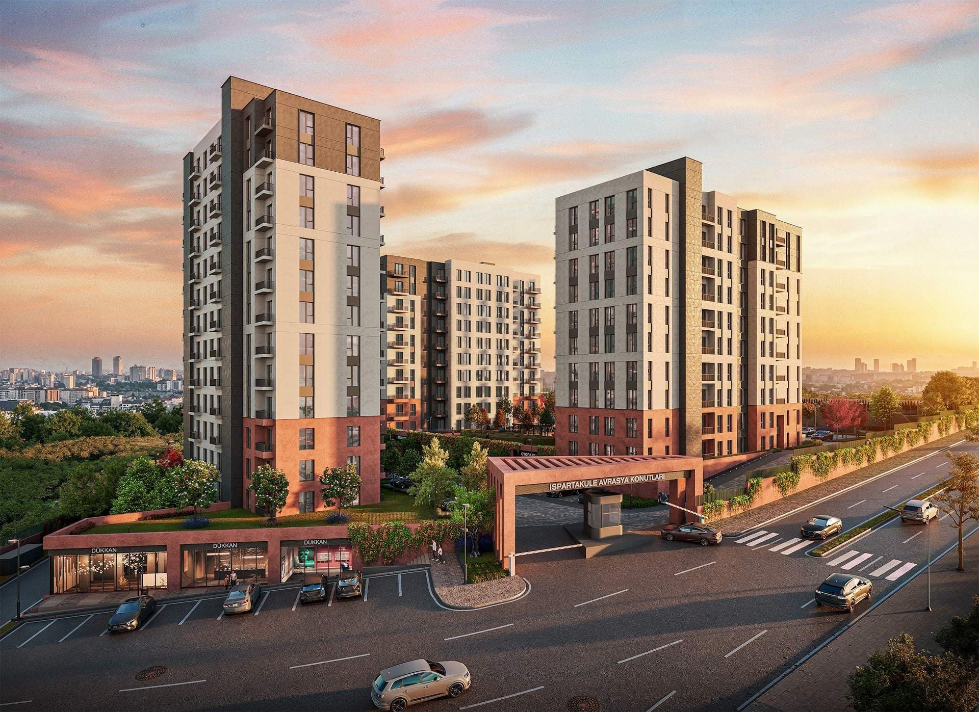 Rendering at sunset of the site entrance gate and ground-floor shops on the street, with two residential blocks behind