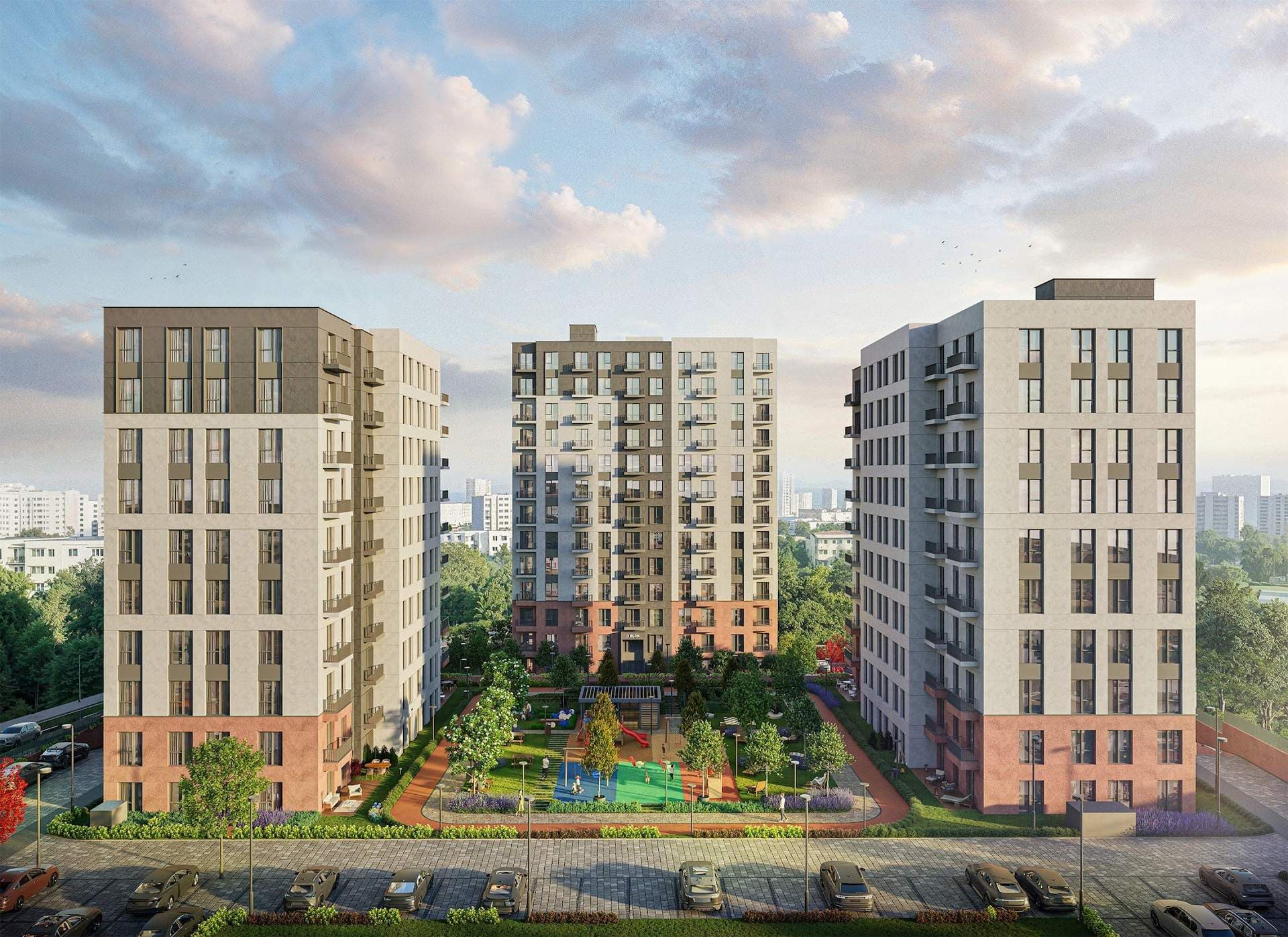 Rendering of three blocks around a landscaped garden with a playground, with a parking area in front