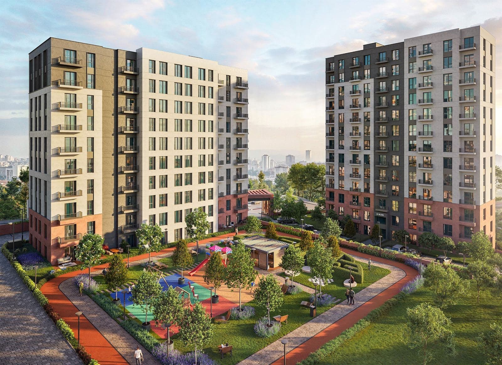 Rendering of the central garden with a playground, lawns and a red walking track between two blocks