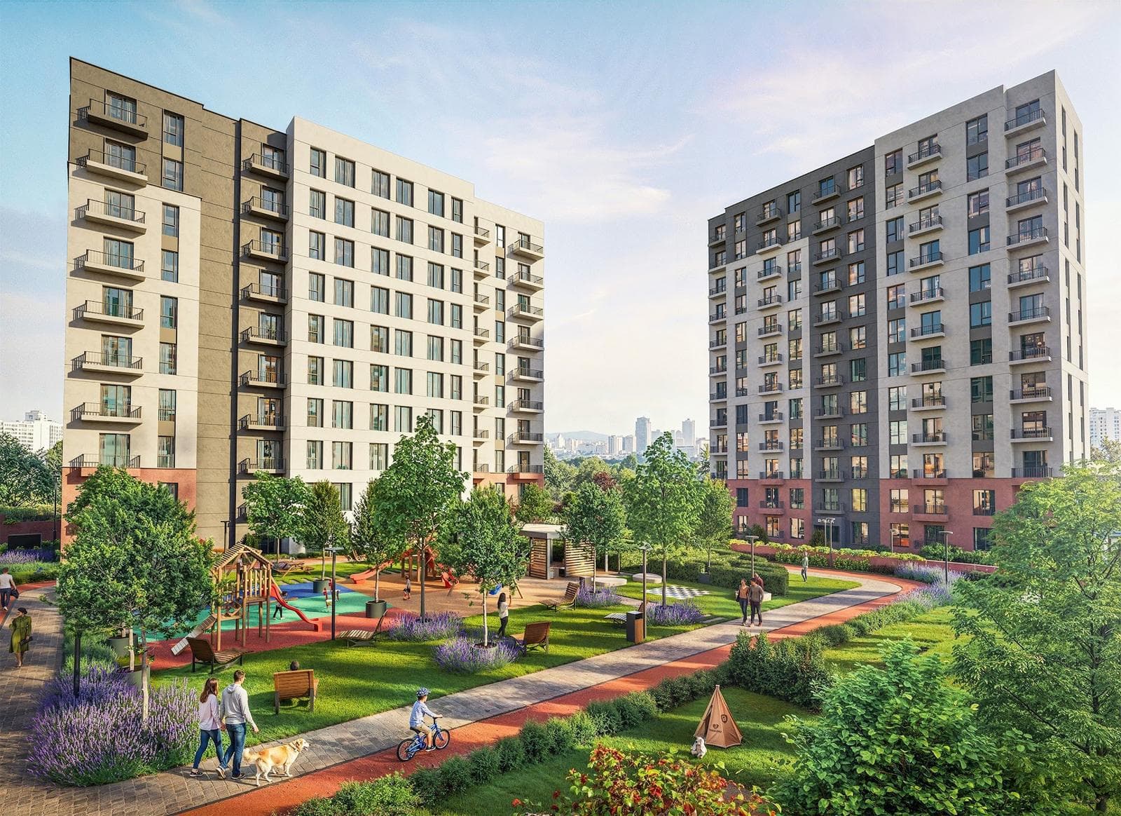 Rendering of residents walking along a garden path past a playground, with two blocks behind