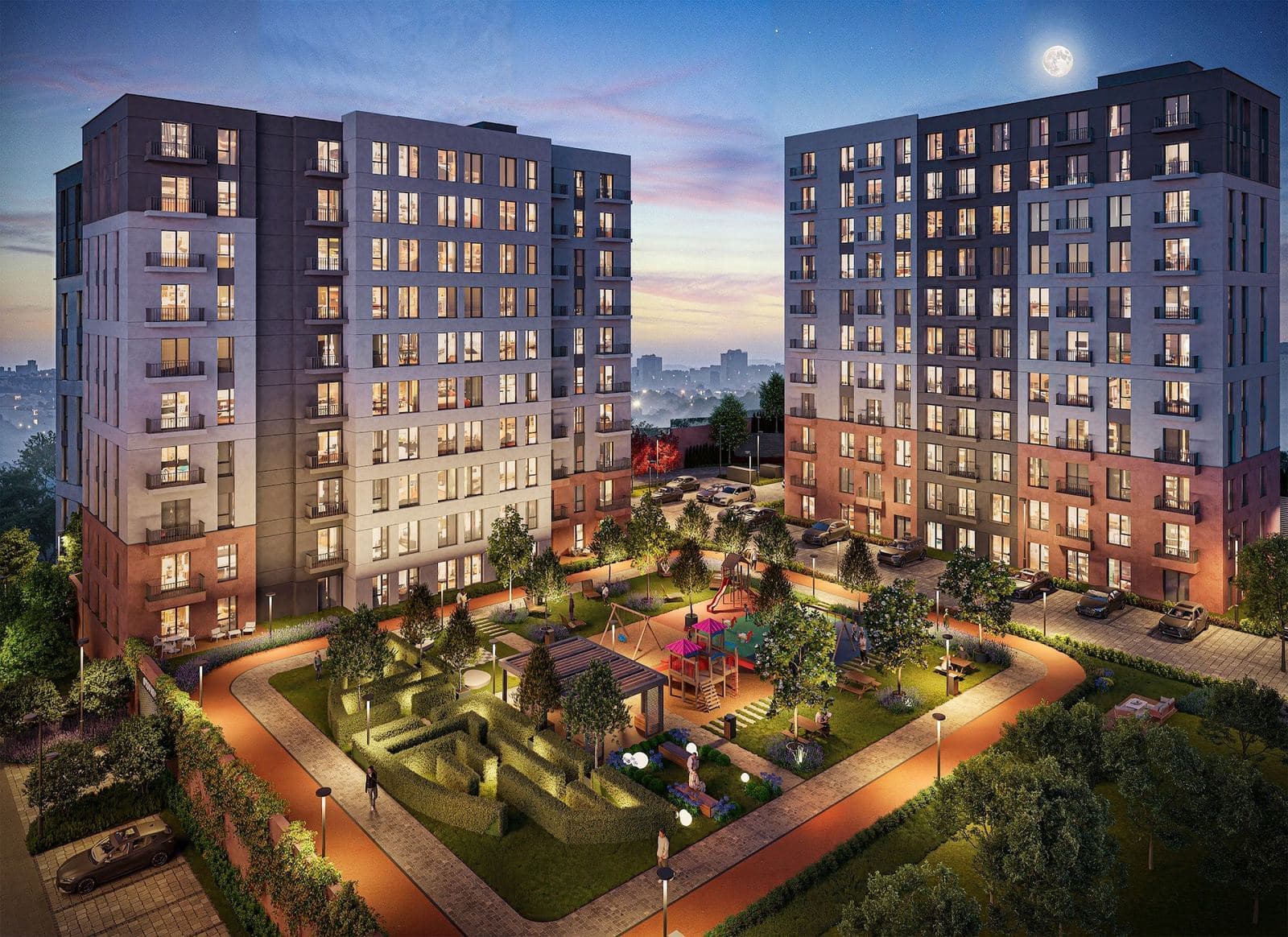Night rendering of the lit central garden with a hedge maze, playground and walking track between two blocks