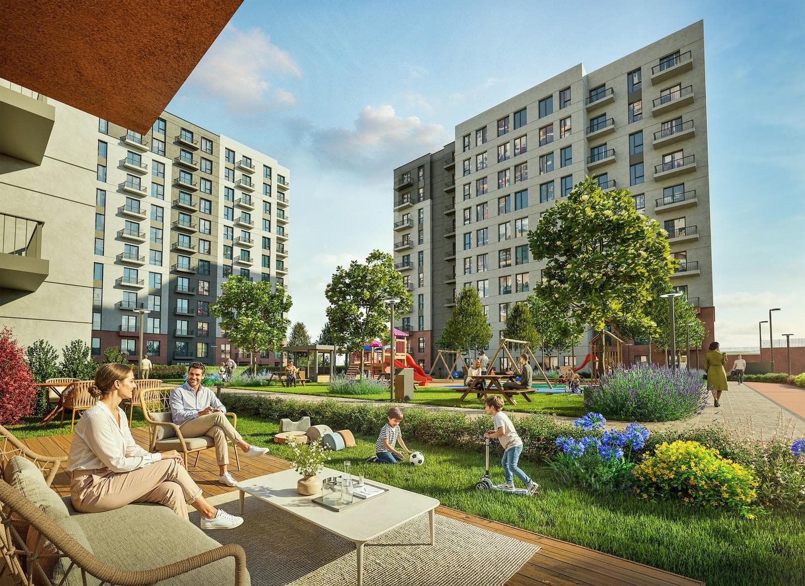 Rendering of a family on a garden terrace, with children playing on the lawn between the blocks