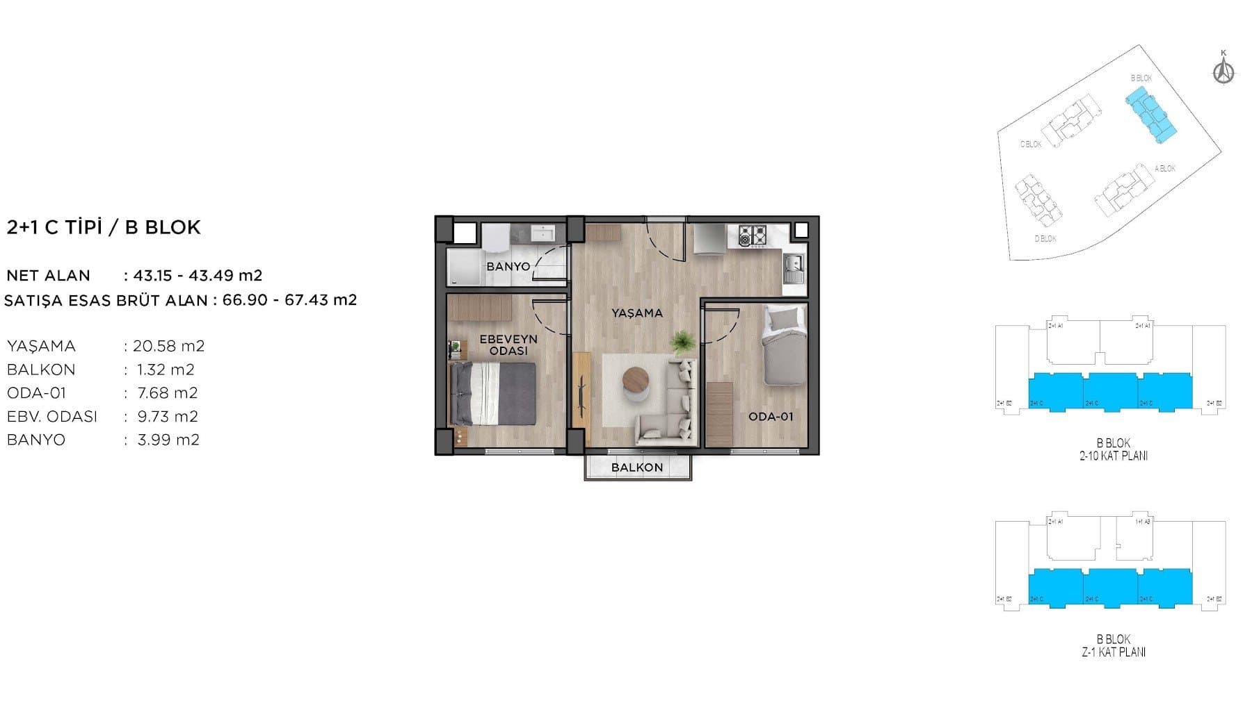 Ispartakule Avrasya Konutlari Project – 2+1 Type C (Block B) floor plan