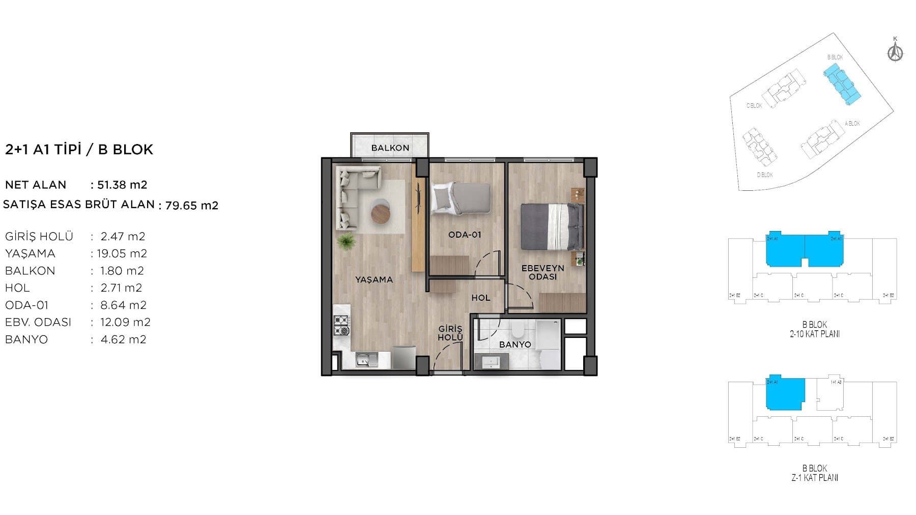 Ispartakule Avrasya Konutlari Project – 2+1 Type A1 (Block B) floor plan