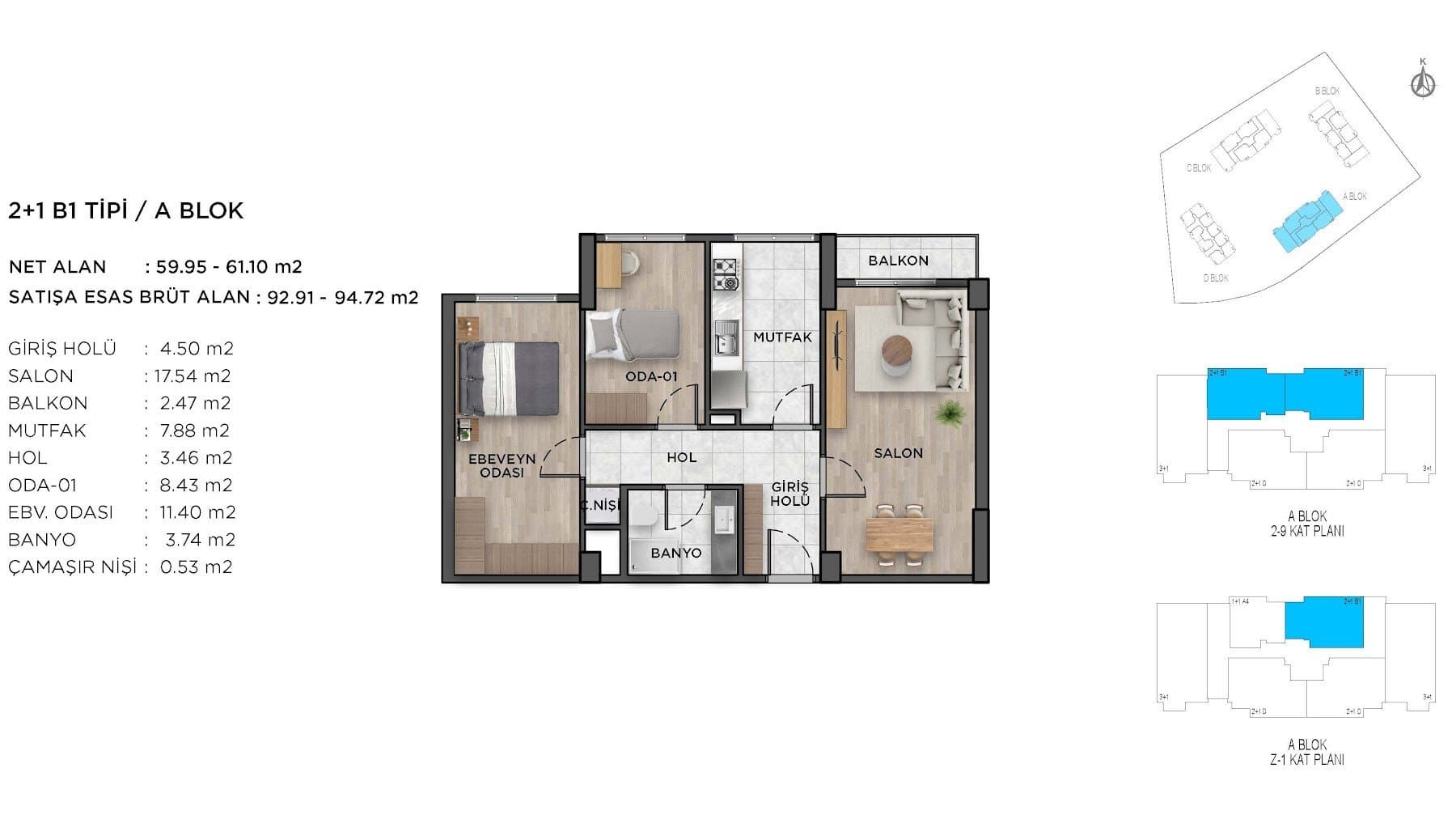Ispartakule Avrasya Konutlari Project – 2+1 Type B1 (Blocks A and C) floor plan