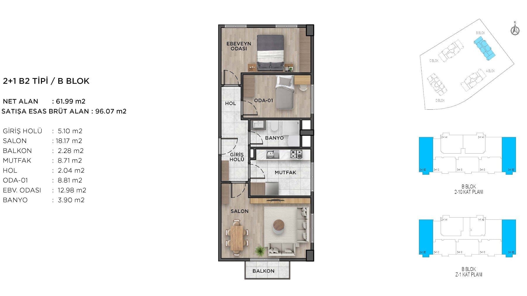 Ispartakule Avrasya Konutlari Project – 2+1 Type B2 (Block B) floor plan