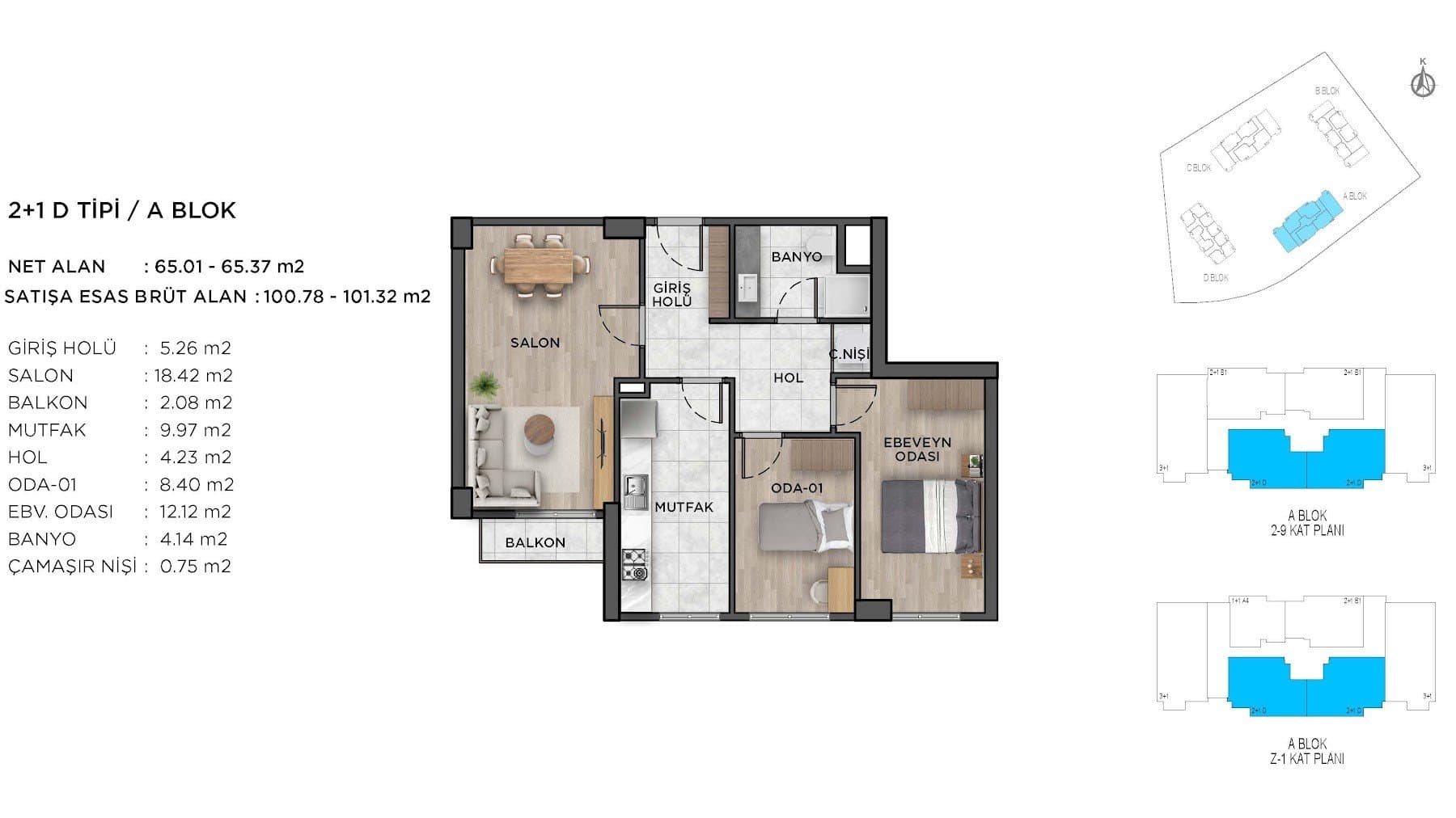 Ispartakule Avrasya Konutlari Project – 2+1 Type D (Blocks A and C) floor plan
