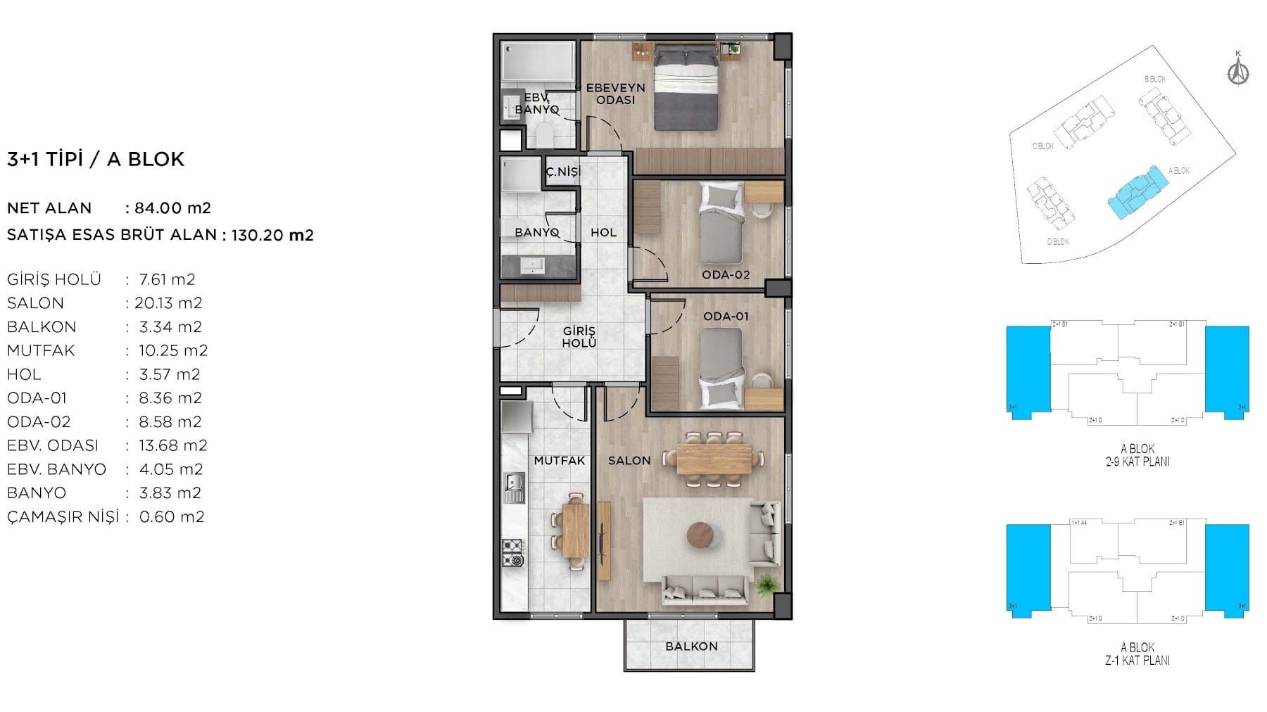 Ispartakule Avrasya Konutlari Project – 3+1 (Blocks A and C) floor plan