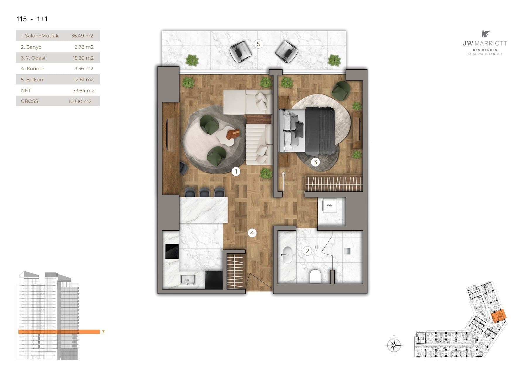 Проект JW Marriott Residences Tarabya – планировка 1+1 Type B