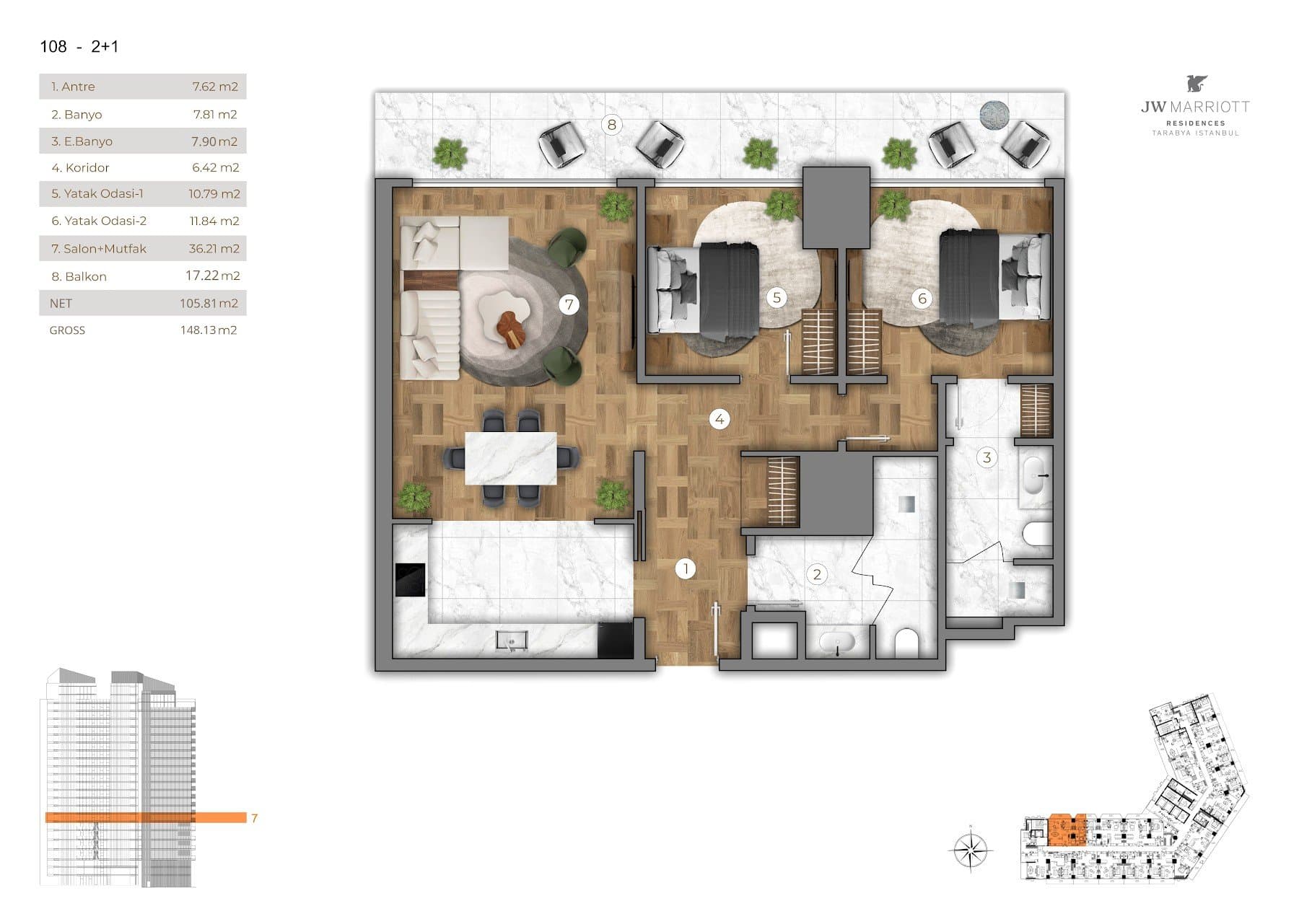 Проект JW Marriott Residences Tarabya – планировка 2+1 Type A