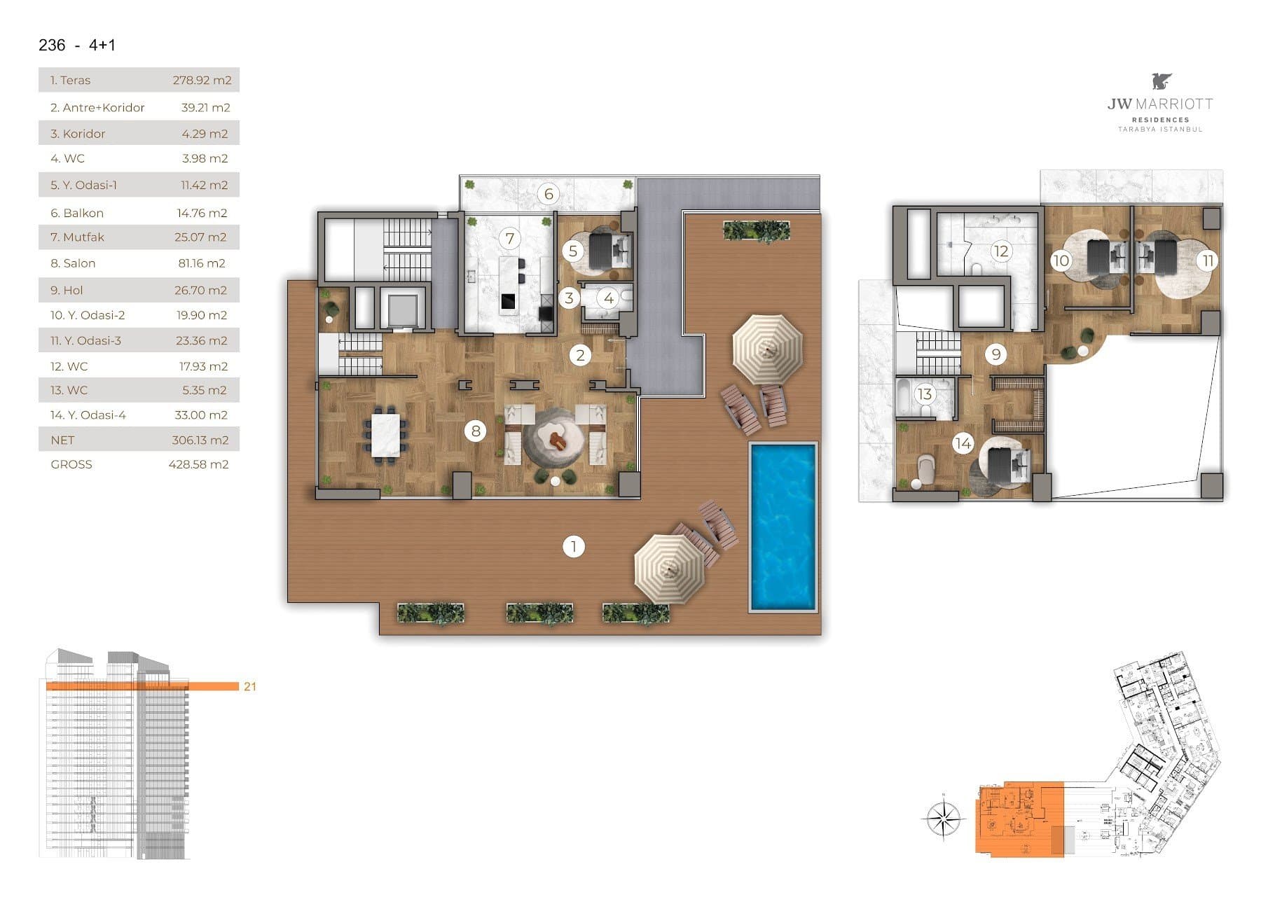 Проект JW Marriott Residences Tarabya – планировка 4+1 Duplex Penthouse A
