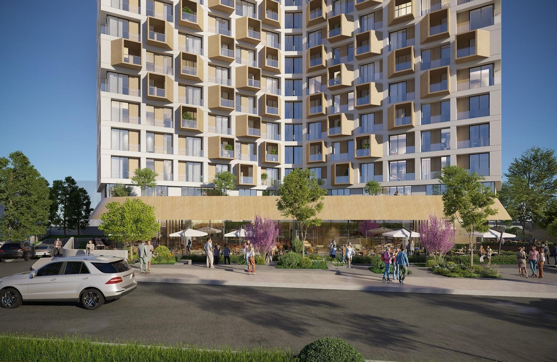 Render of the tower's street front, with shop terraces under a wood-clad canopy, flowering trees and people on the pavement