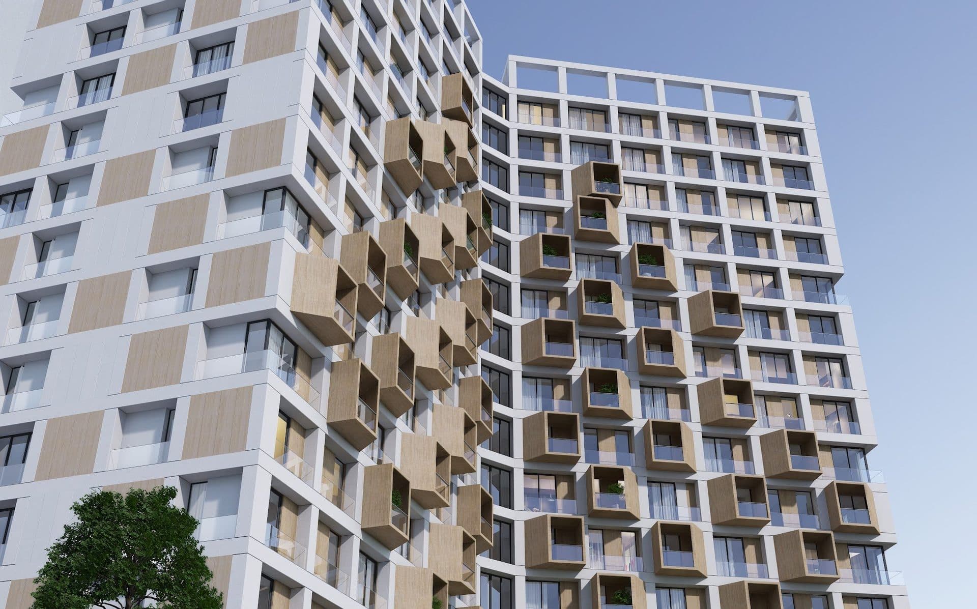 Render of the upper floors of both wings, with wood-toned box balconies set into a white grid facade against a clear sky