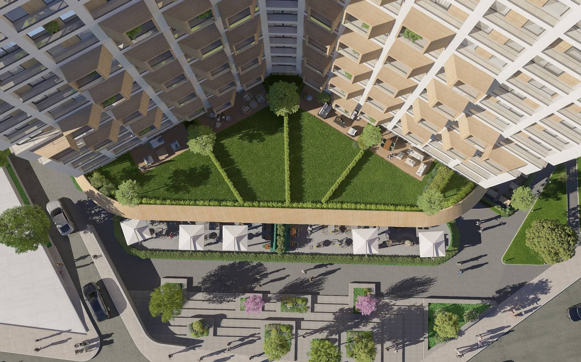 Bird's-eye render of the garden on the podium roof between the tower's two wings, with lawns, trees and private terraces, and the plaza and shop terraces below