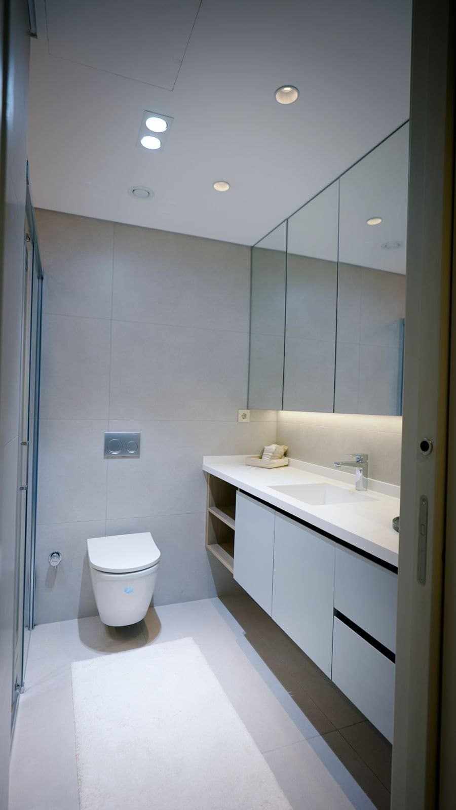 Bathroom of the sample apartment with a wall-hung toilet, a long vanity unit and mirrored cabinets