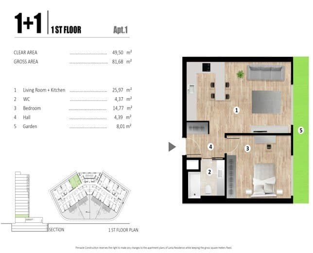 Lania Residence Project – 1+1 Type A with Garden floor plan