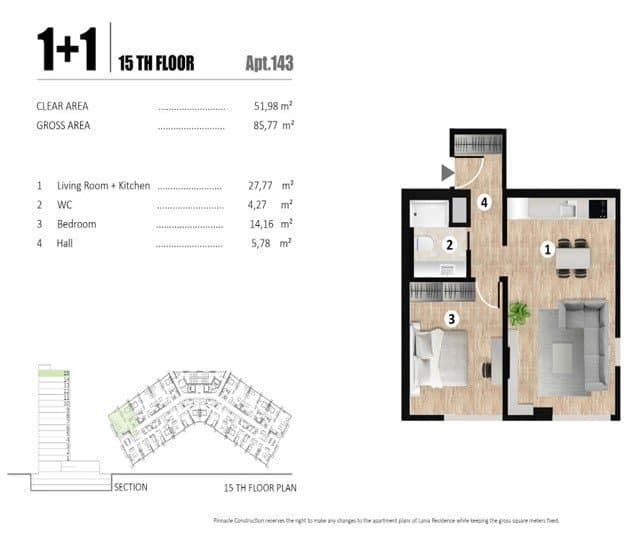 Lania Residence Project – 1+1 Type B floor plan