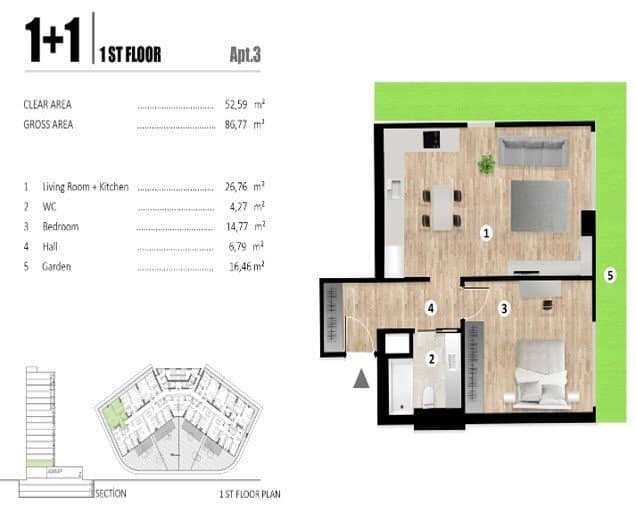 Lania Residence Project – 1+1 Type C with Garden floor plan
