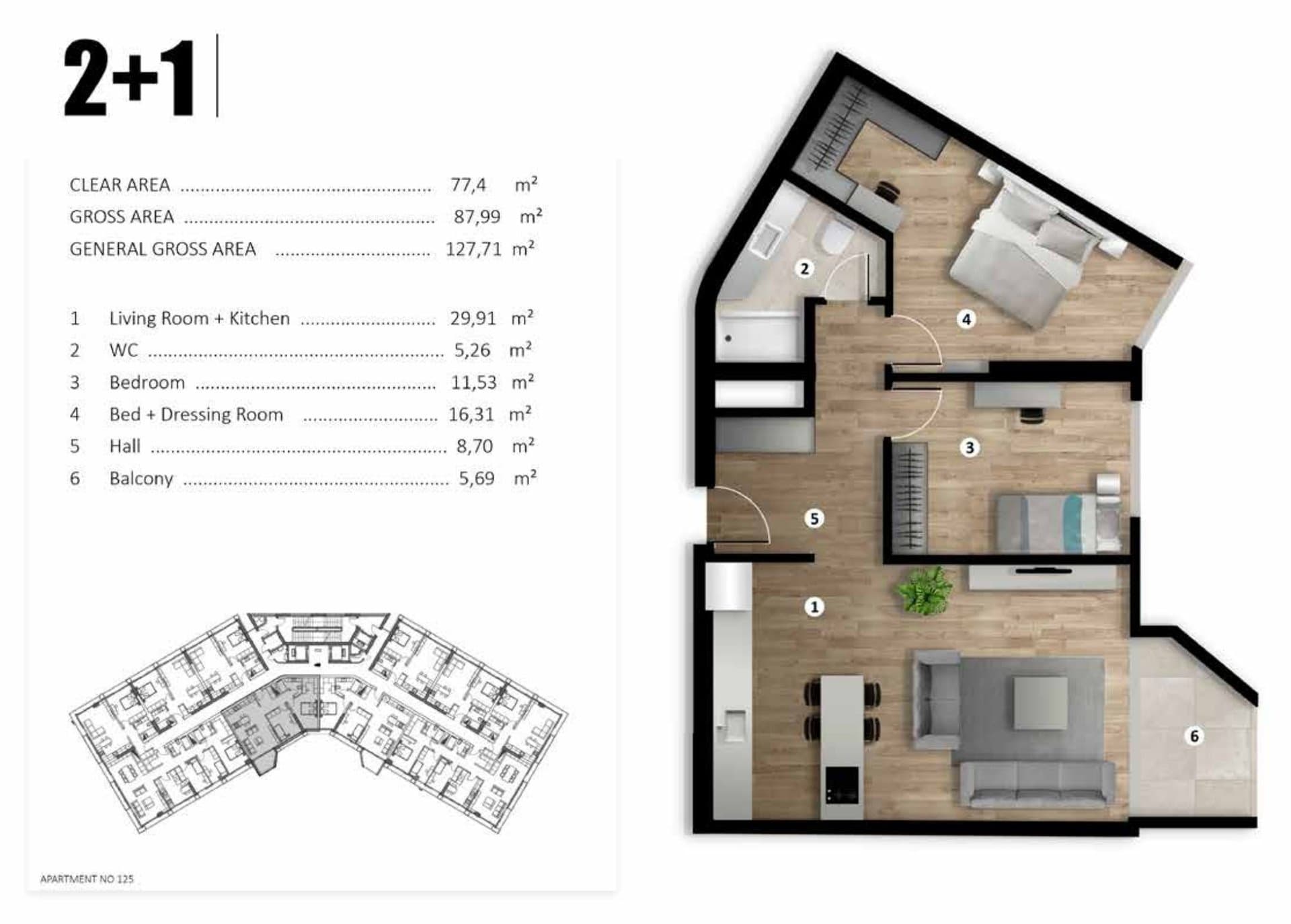 Lania Residence Project – 2+1 Type B floor plan