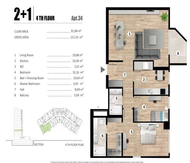 Lania Residence Project – 2+1 Type F floor plan