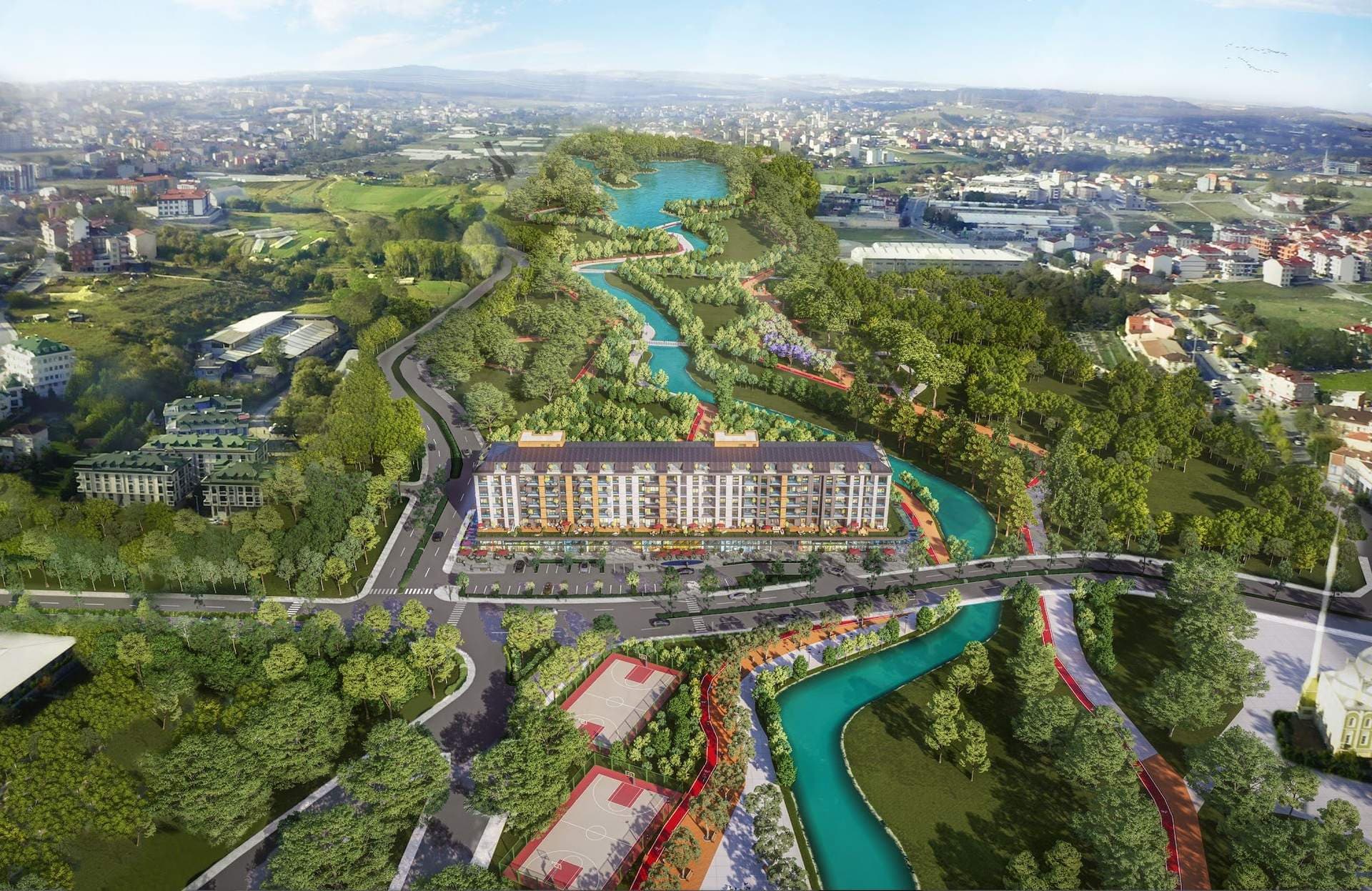 Rendered aerial montage of the building beside the Bolluca Nation's Garden, with the stream, basketball courts, a mosque and the surrounding Arnavutkoy neighborhood