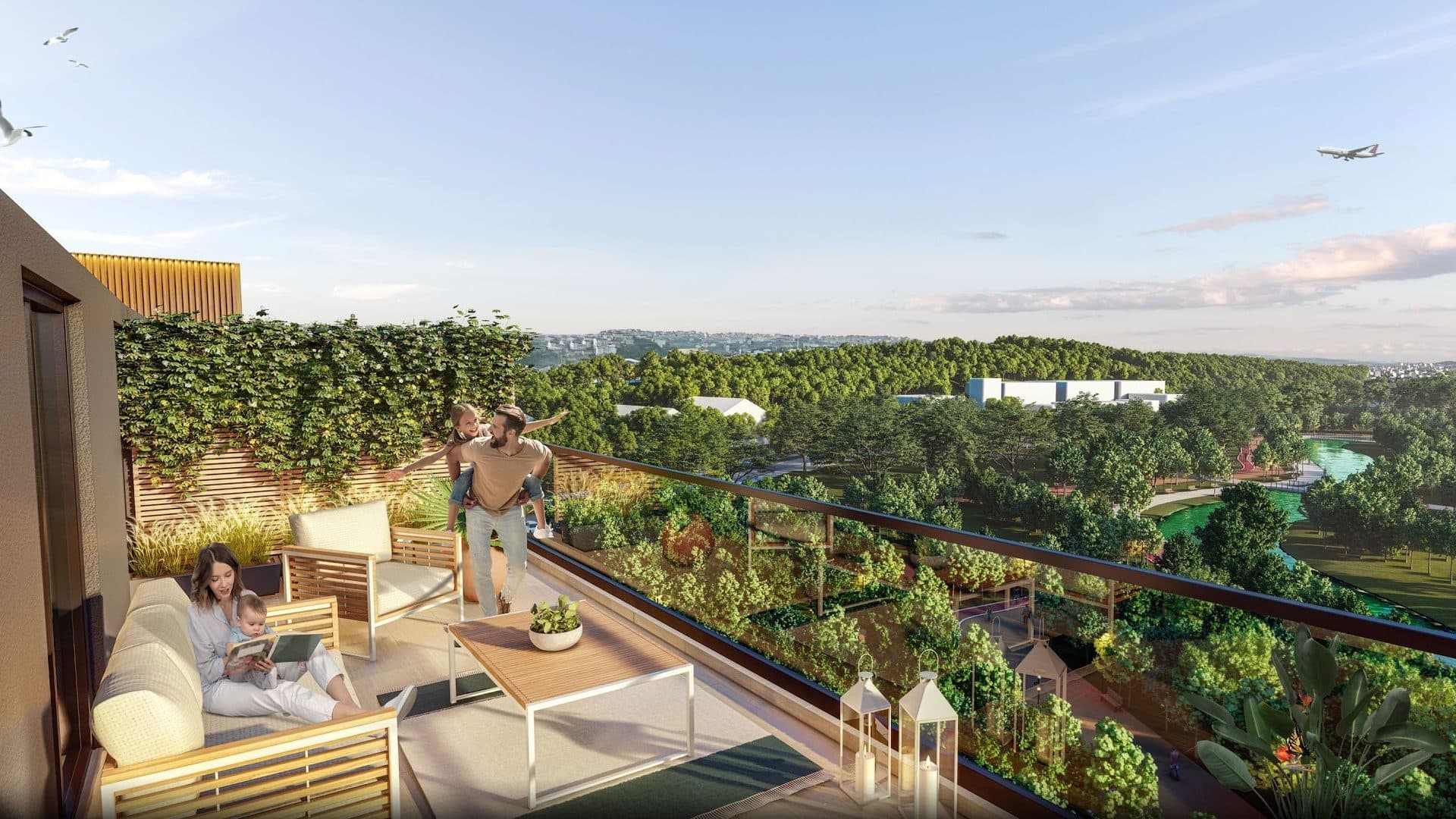 Rendered roof terrace of a top-floor duplex with outdoor furniture, overlooking the trees and pond of the park next door