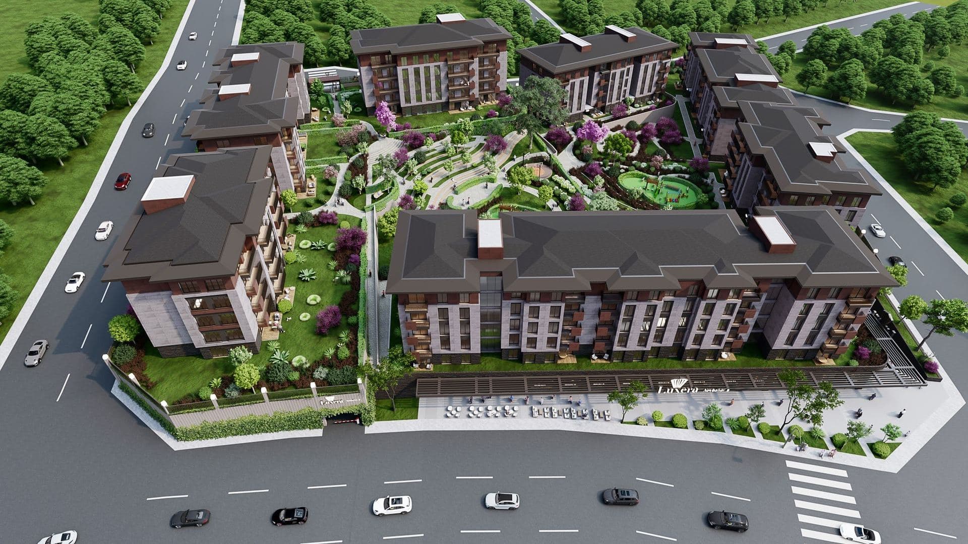 Aerial view of the complex from the main road, with shopfronts along the street side