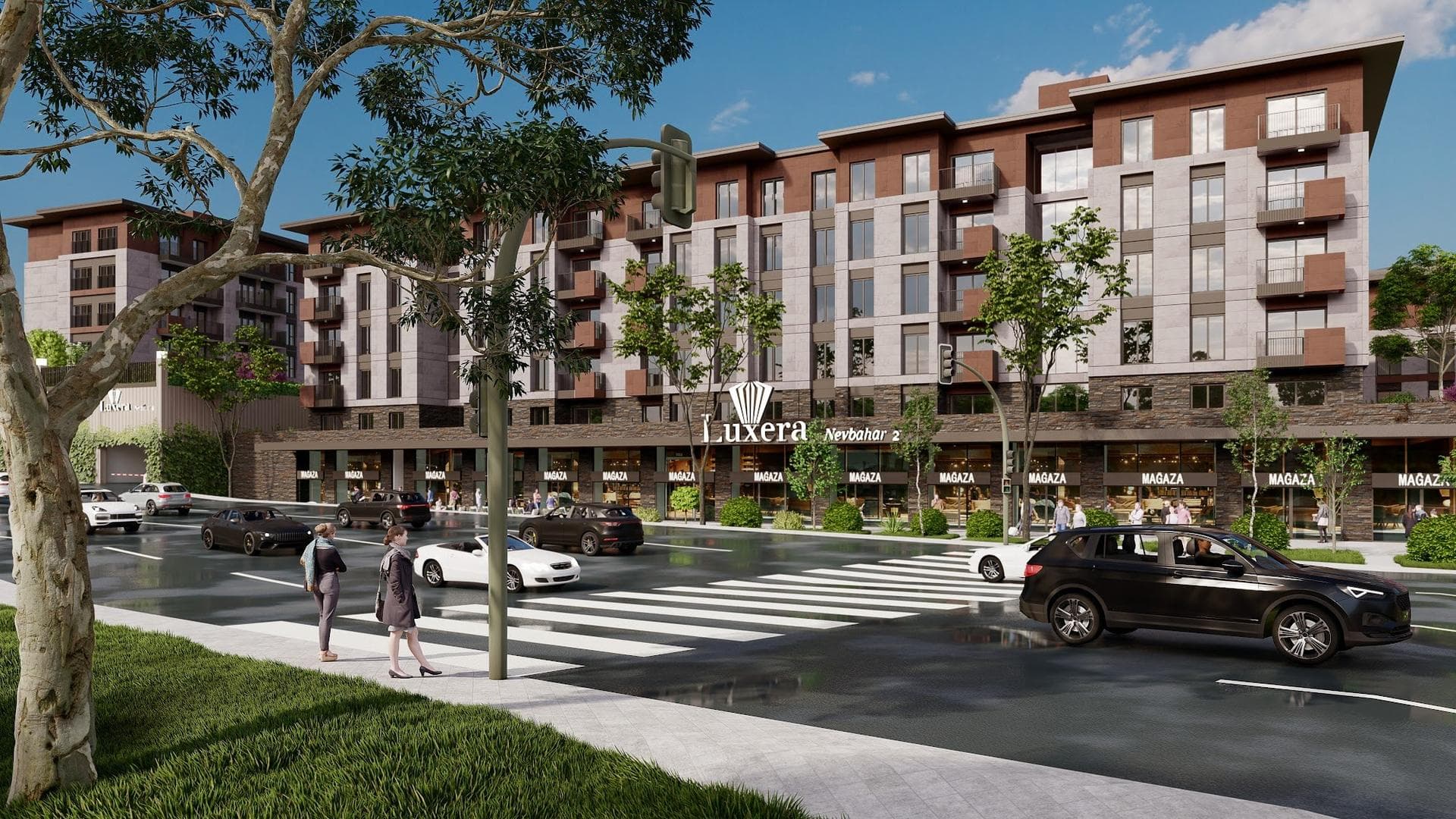 Street corner with shops at ground level below the residential floors