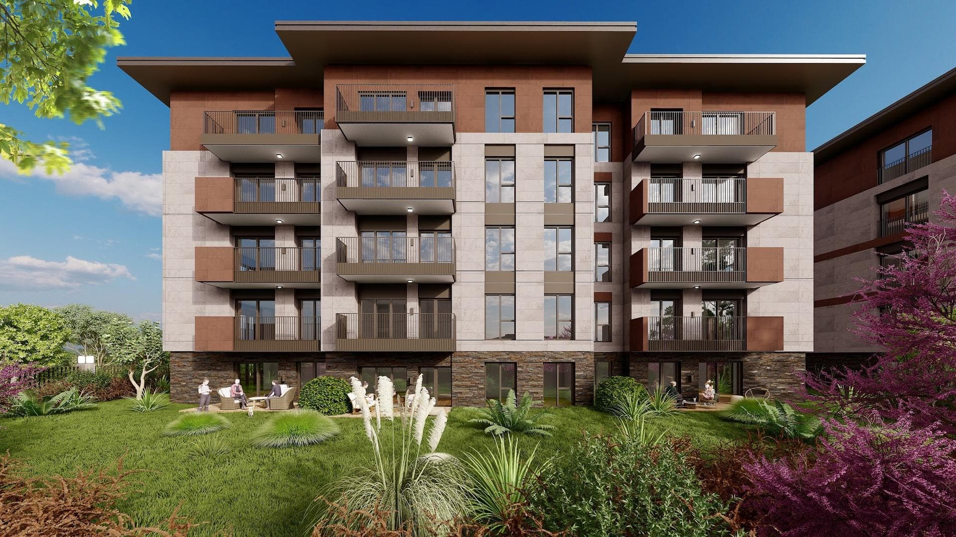 Residential block with balconies and a stone-clad base above a landscaped garden
