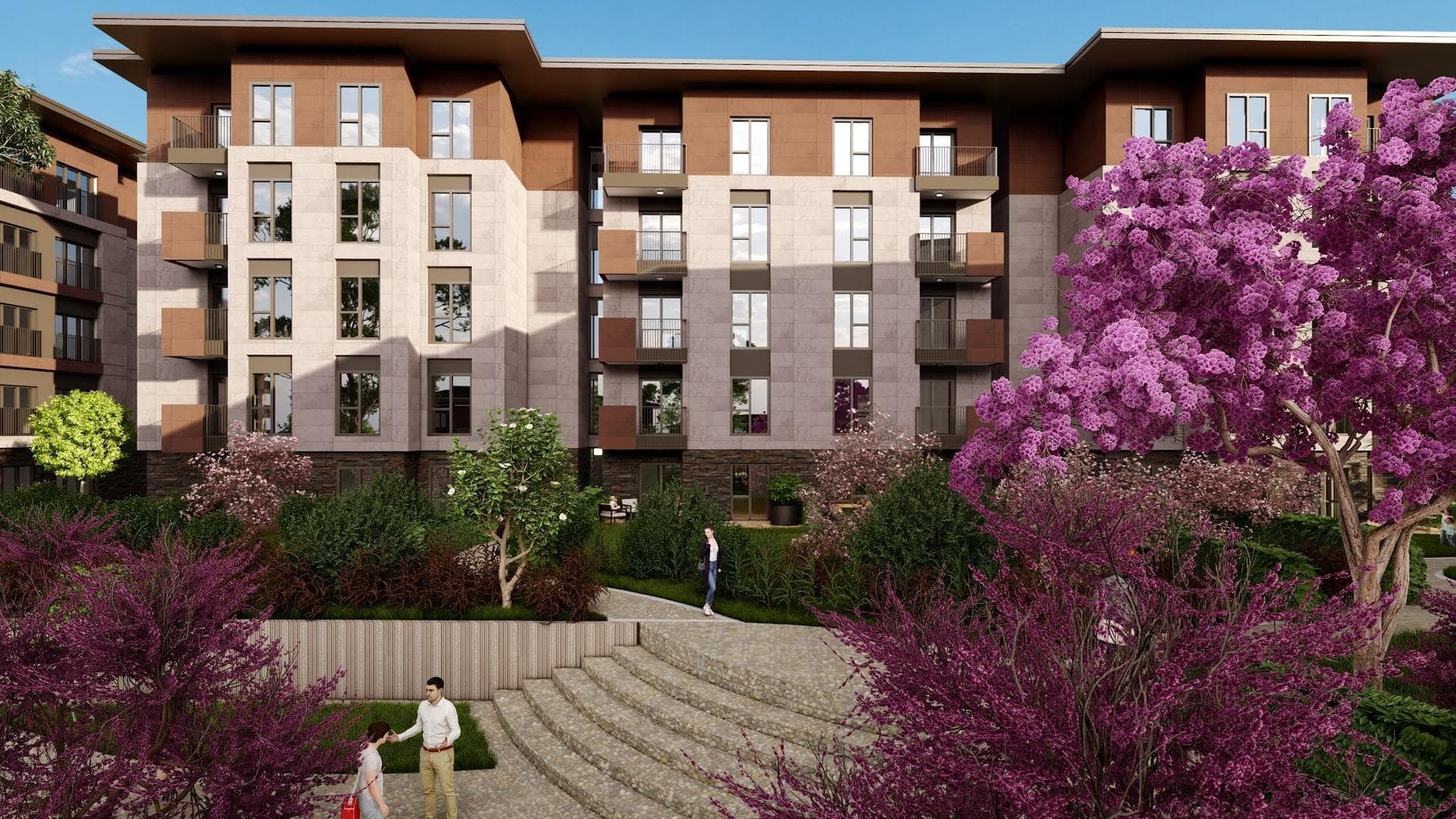 Block facade above terraced gardens with flowering trees and garden steps