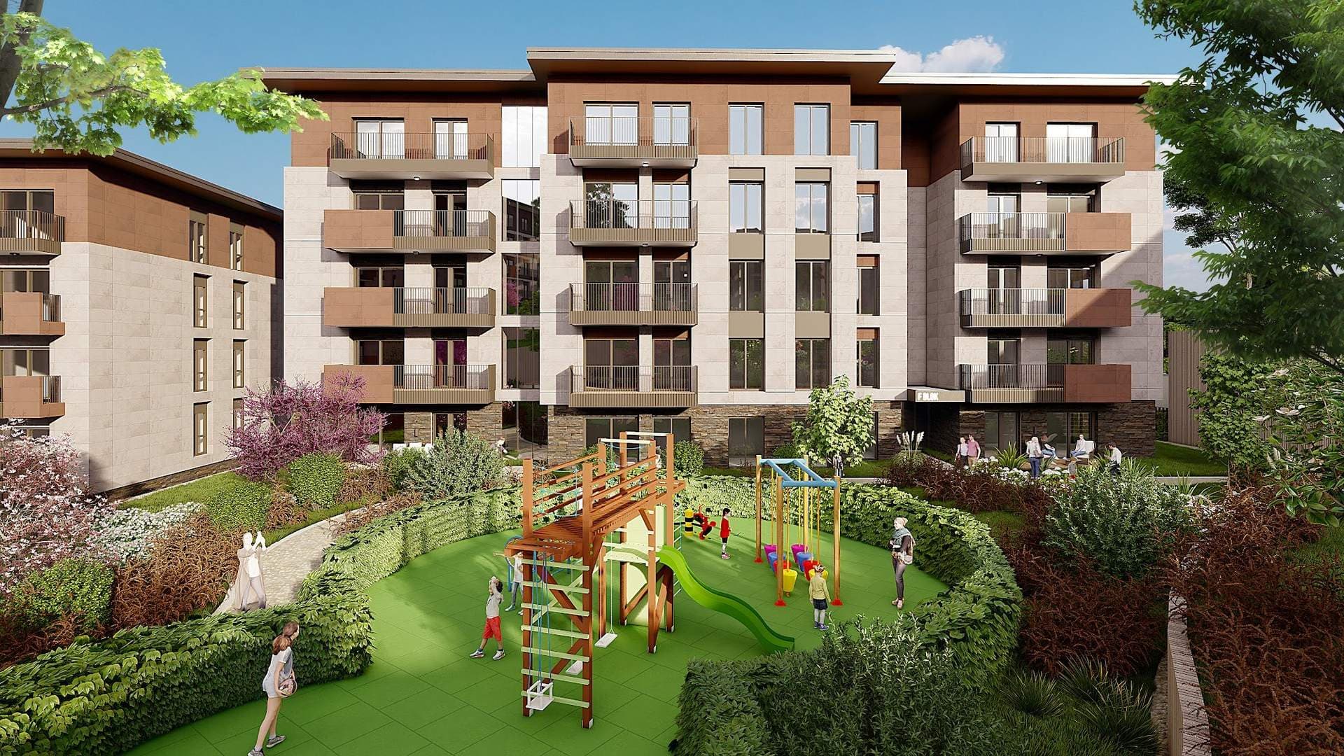 Children's playground on a lawn in front of a residential block