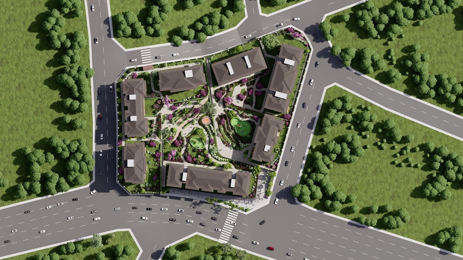 Top view of the site plan with the blocks arranged around the central garden