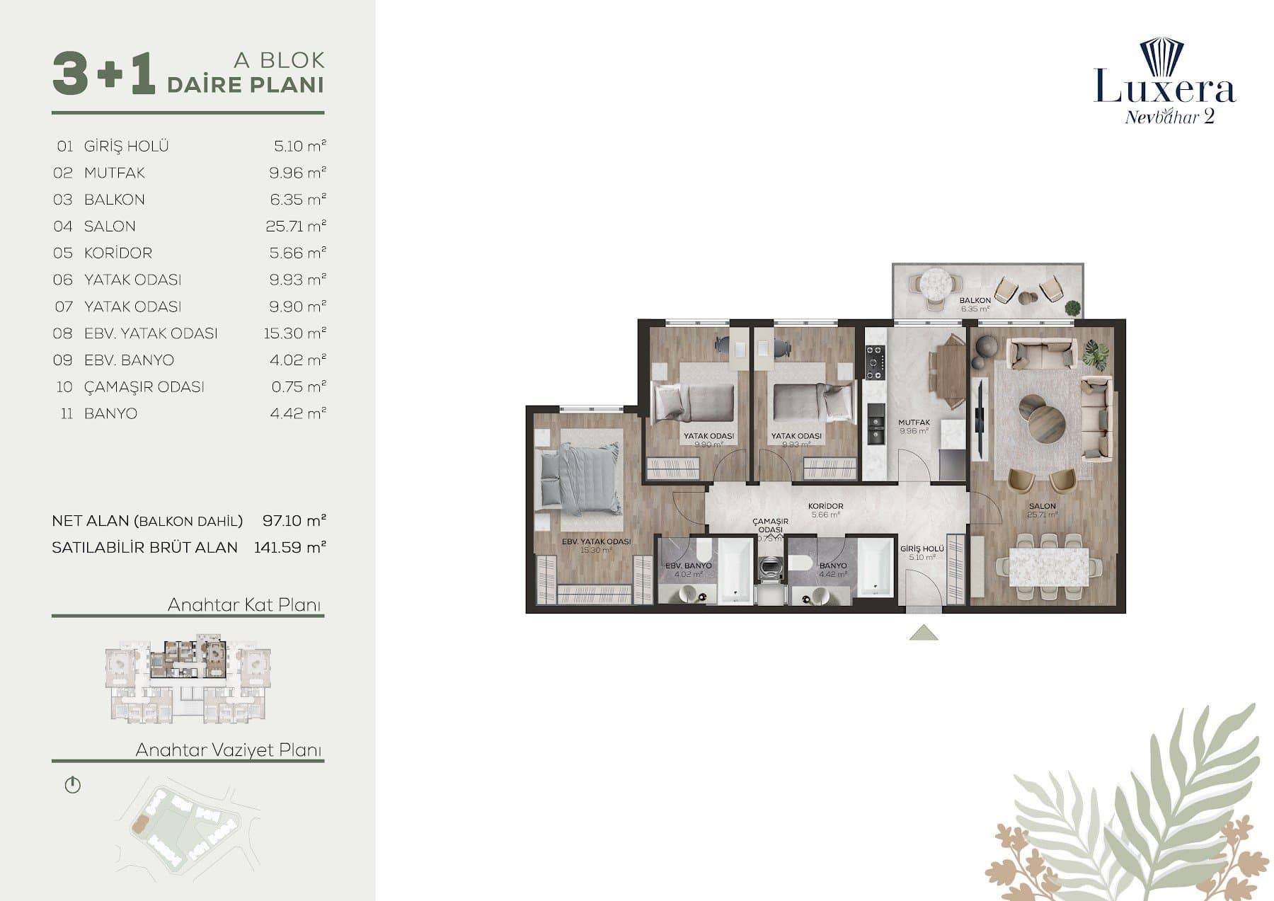 Luxera Nevbahar Life Project – 3+1 Type A floor plan