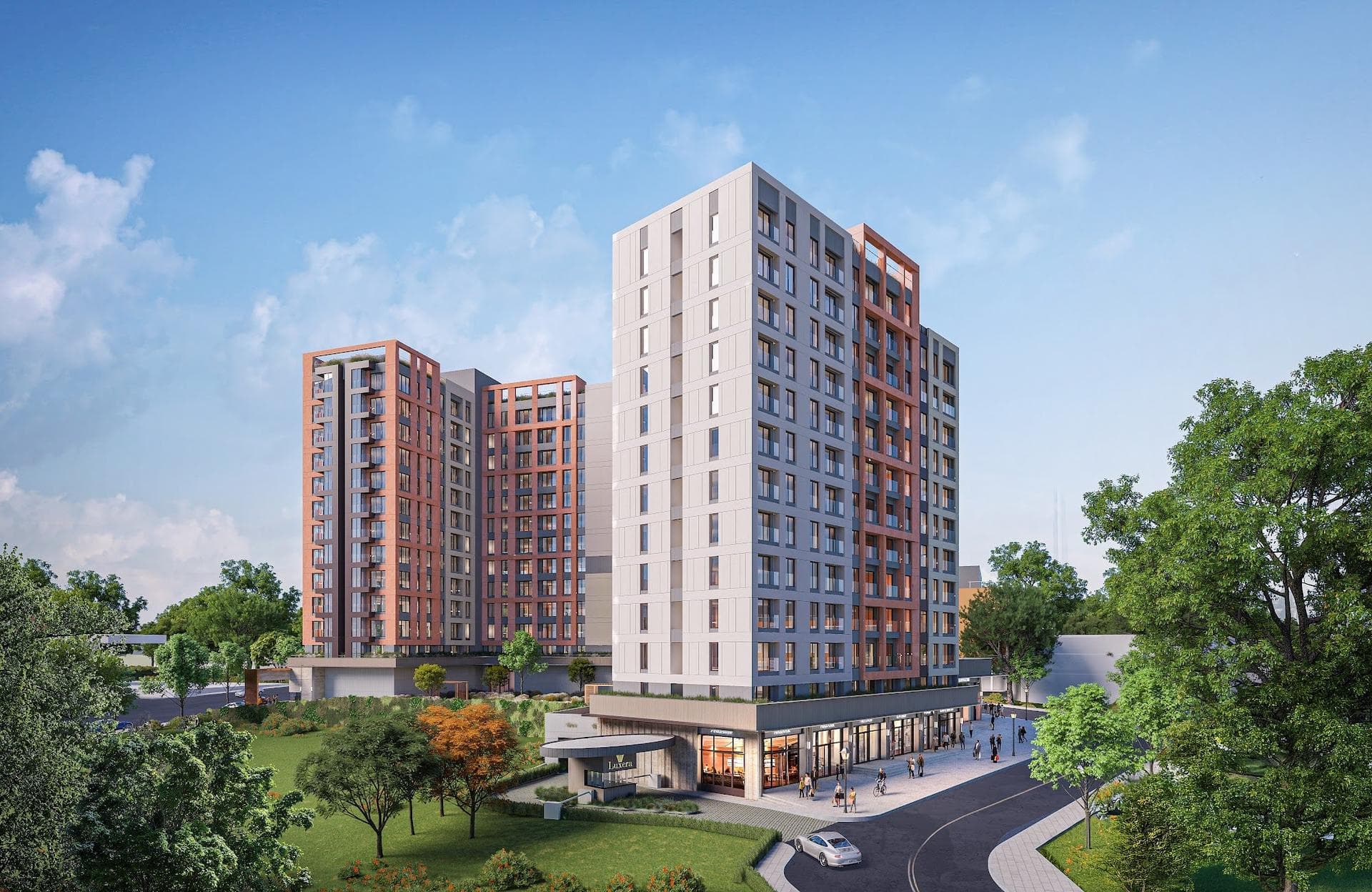 Rendering of the two blocks from the street corner, with the white and terracotta tower above a row of shops, the canopied entrance and landscaped gardens in front