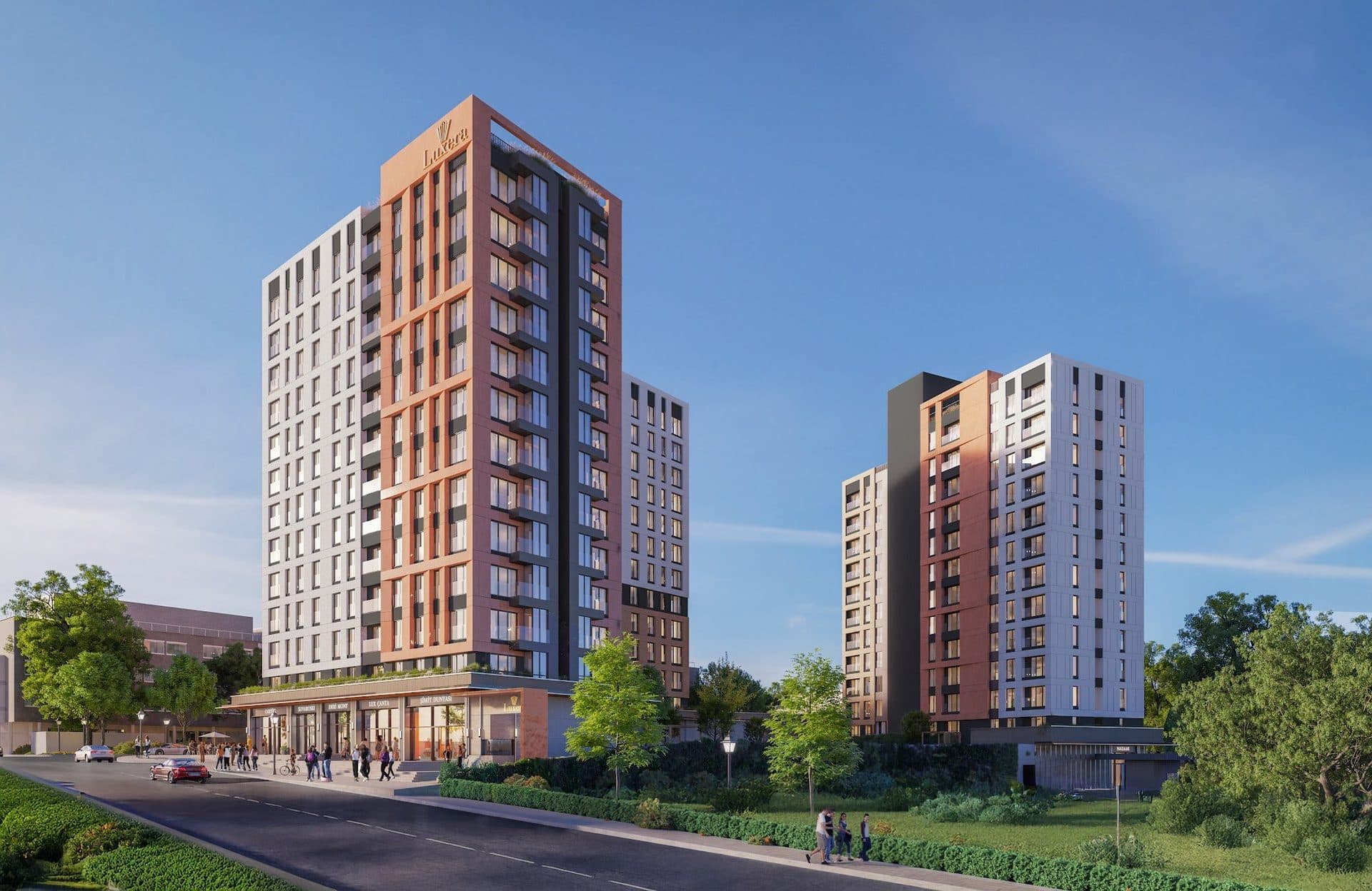 Rendering of the blocks seen from down the street, with ground-floor shops and planted verges along the pavement