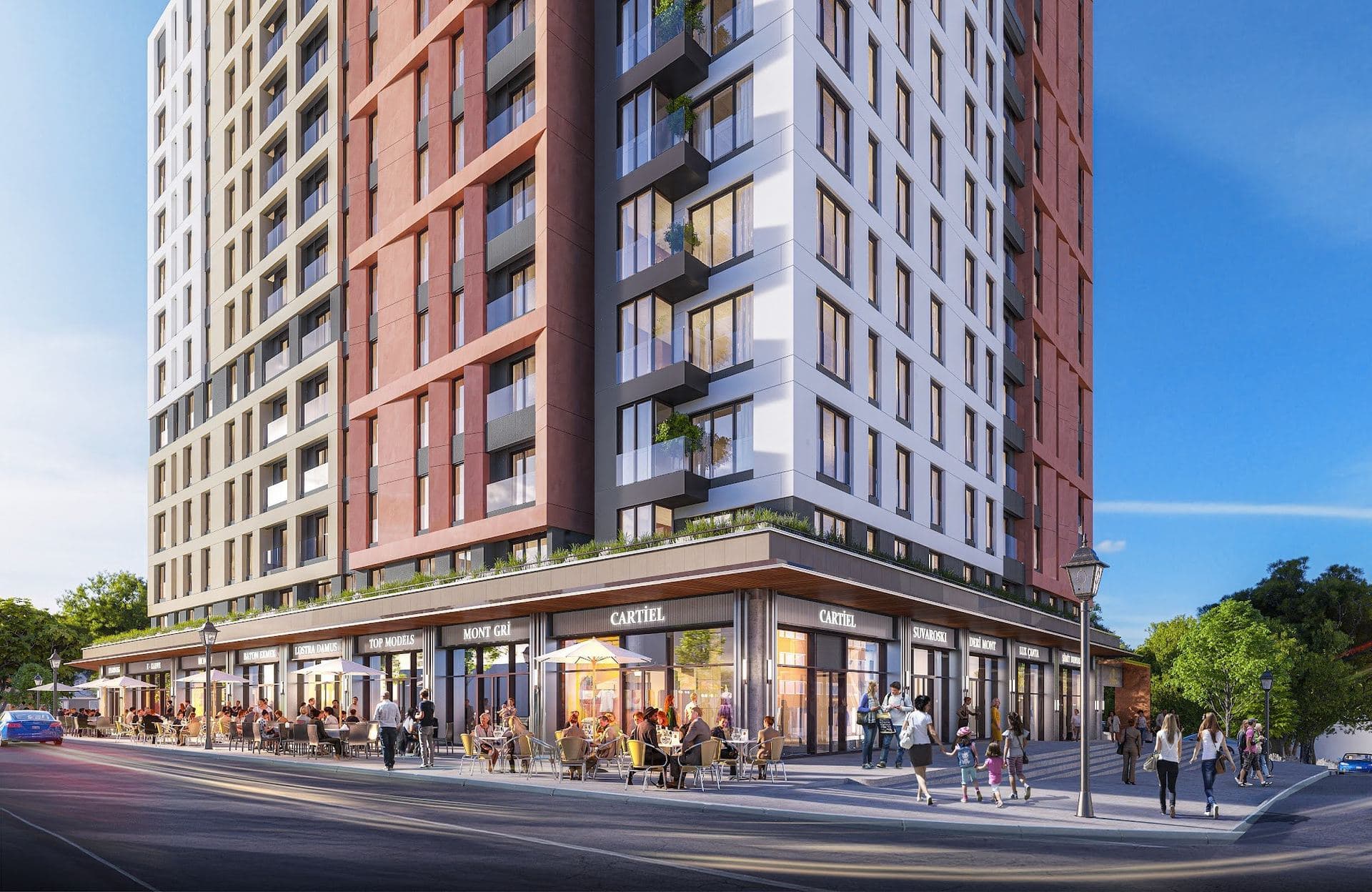 Street-level rendering of the corner shops and outdoor cafe tables at the foot of the terracotta and white block