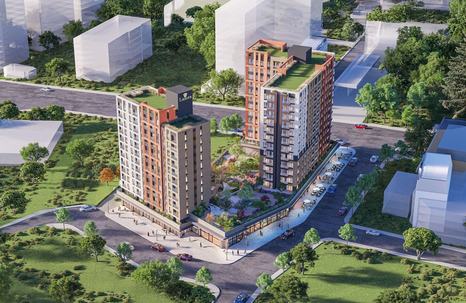 Aerial rendering of the two blocks on their corner plot, with green roofs, a landscaped inner courtyard and shops along the street