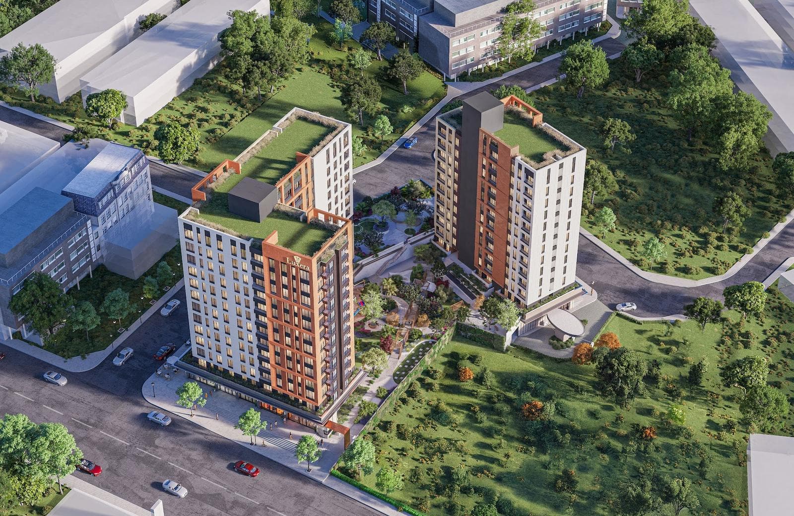 Aerial rendering from the other side, showing the courtyard garden between the blocks and the green slope beside the site