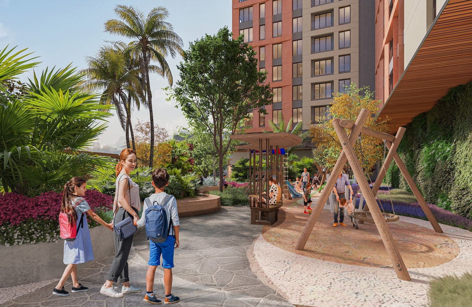 Rendering of the garden courtyard with a children's play area, a swing and lush planting below the blocks