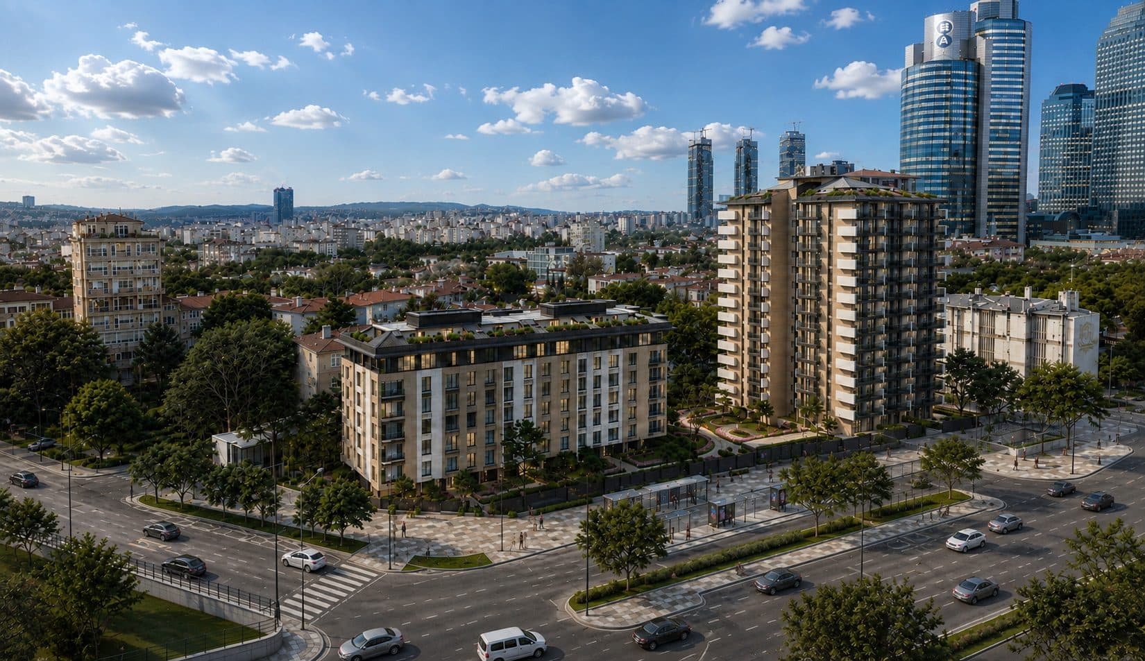 Aerial view of the MaaNaa Levent tower and a mid-rise block among gardens beside Buyukdere Avenue, with the Levent business towers on the right