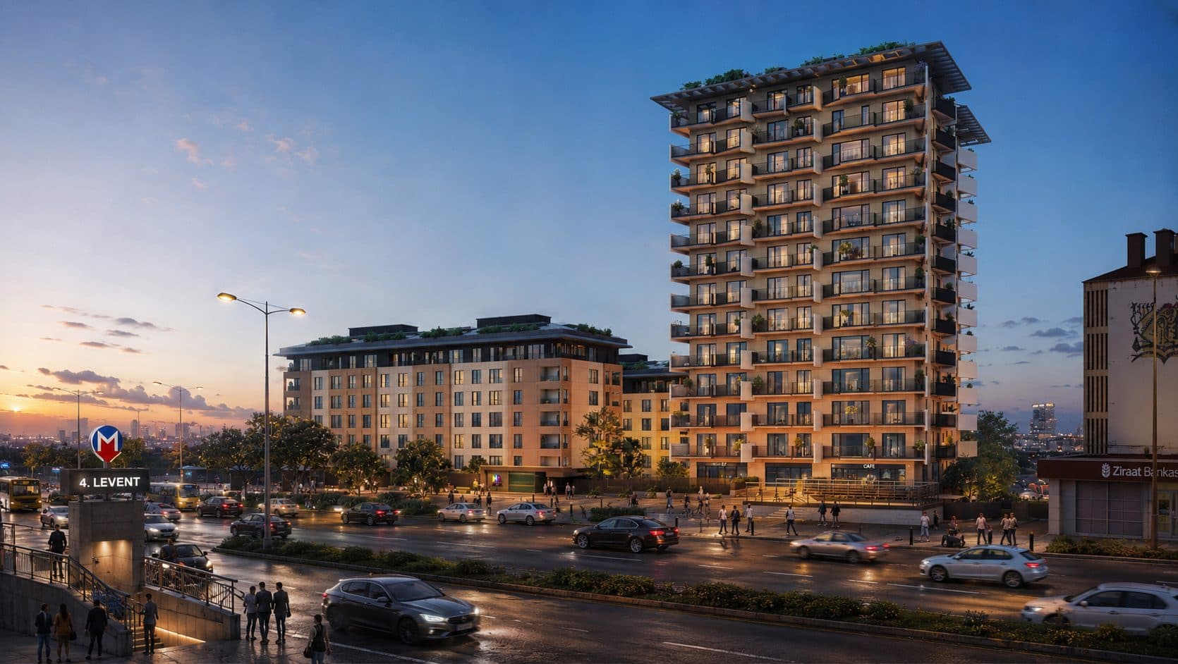 The tower and a mid-rise block lit up at dusk, seen across Buyukdere Avenue from a 4. Levent metro entrance