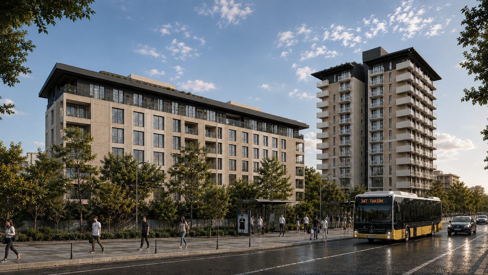 Stone-clad mid-rise block and the residential tower behind the bus stops on the avenue