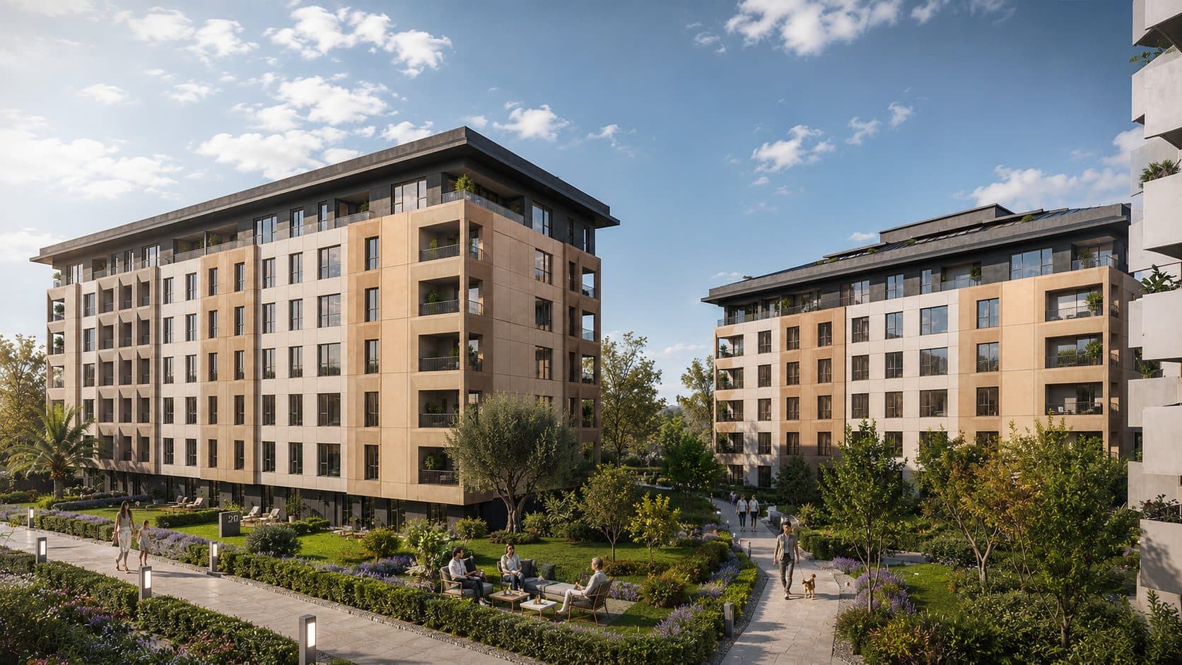 Two mid-rise blocks with roof terraces, set in landscaped gardens with walking paths