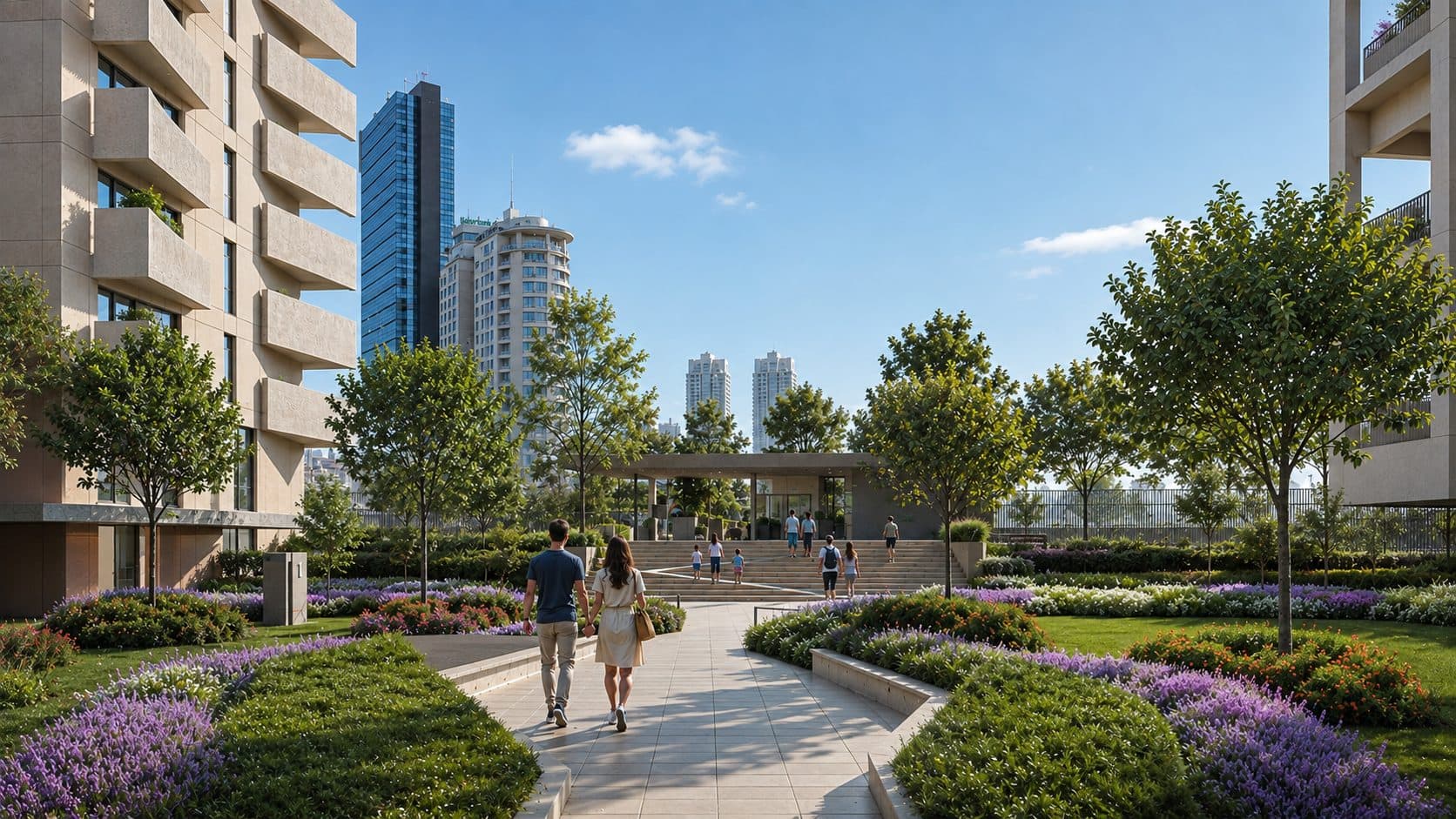 Garden walkway between the blocks leading to the main entrance, with Levent office towers in the distance