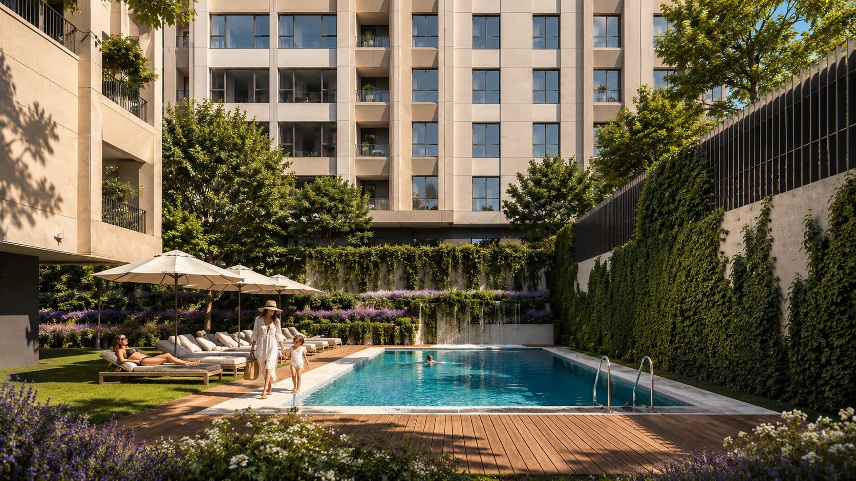 Outdoor swimming pool with a wooden deck, parasols and sun loungers in front of a residential block
