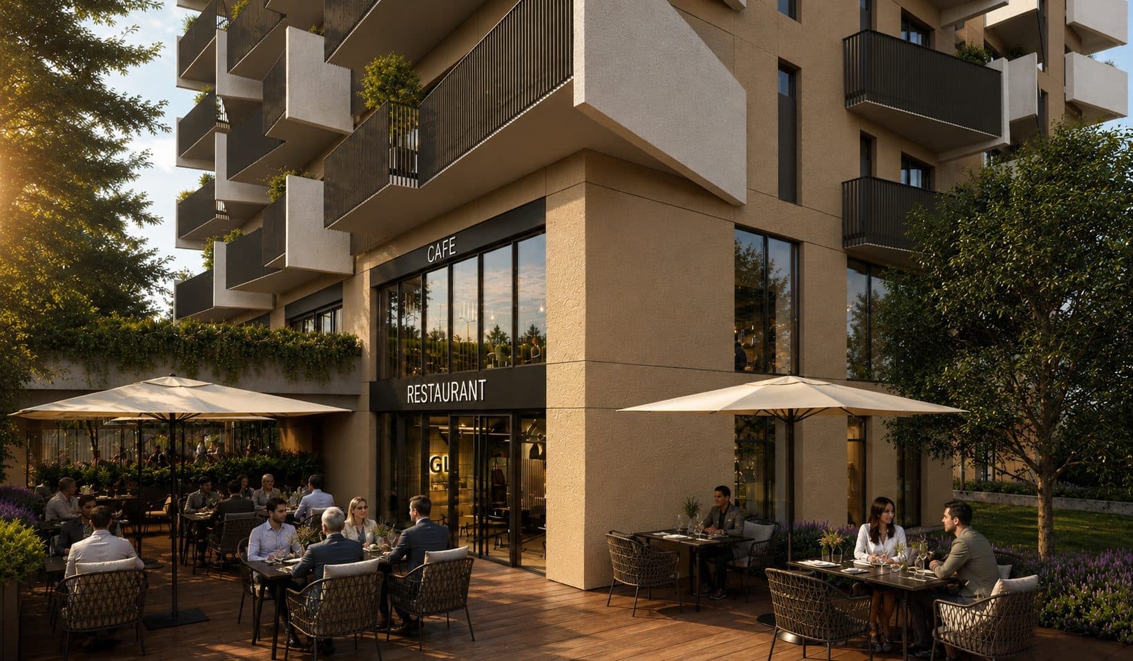 Cafe and restaurant terrace with parasols on the ground floor of the tower